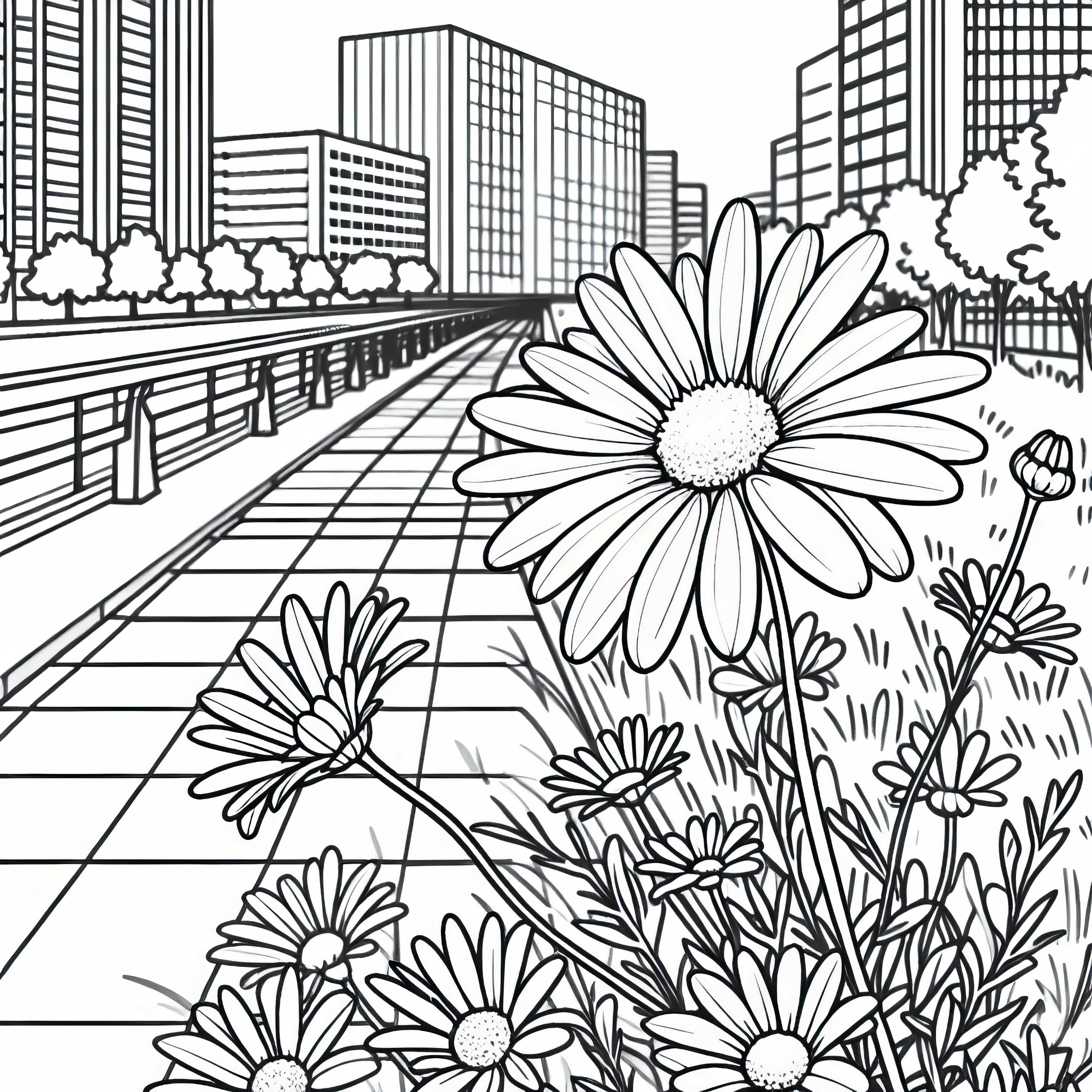 Daisy grows next to the path in the city park - free coloring page Daisy grows next to the footpath in the city park - free coloring template