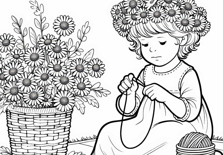 Criança com coroa de margaridas – Desenho para colorir grátis