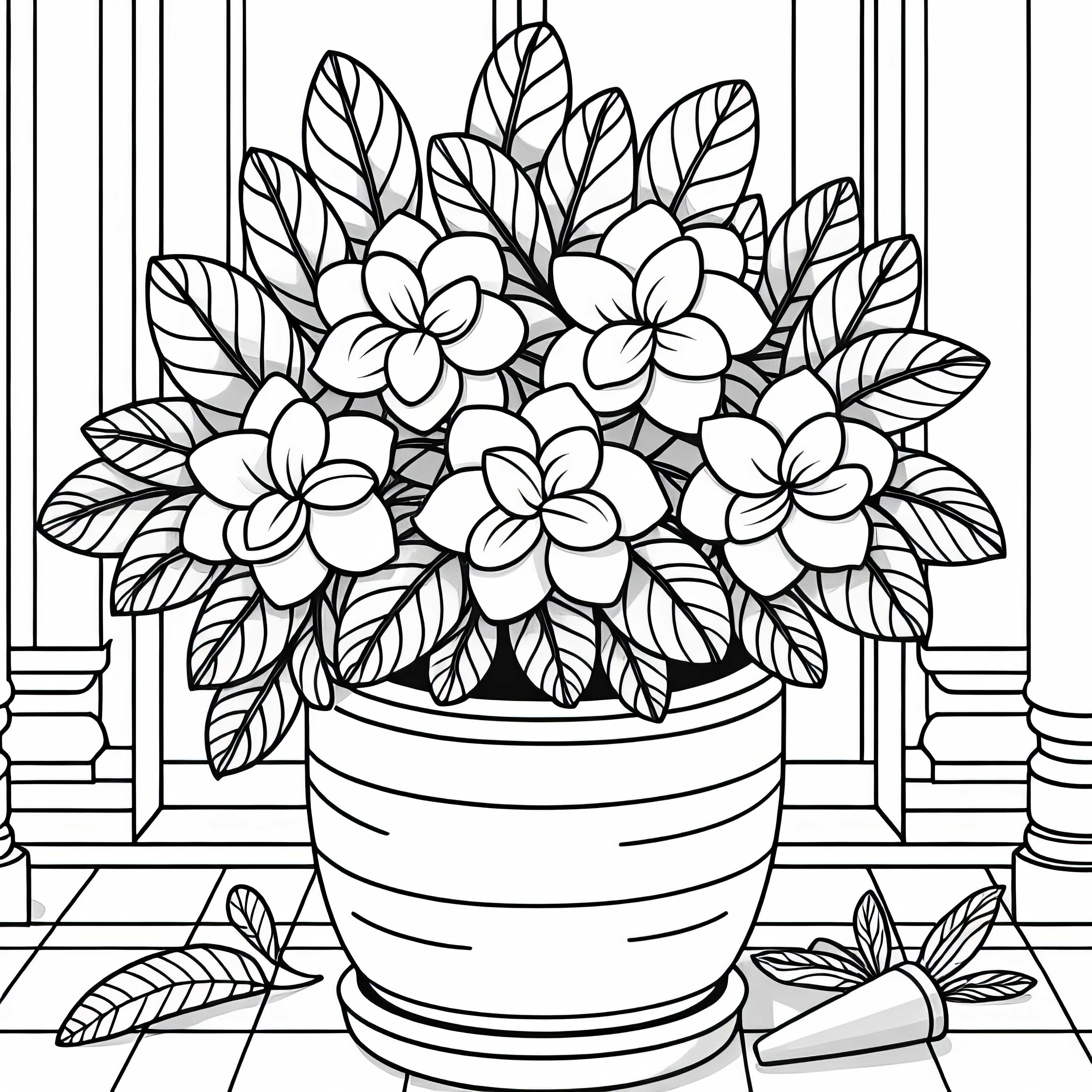 Free download of a coloring page of a gardenia flower in a clay pot Free download of a coloring page featuring a gardenia flower in a clay pot