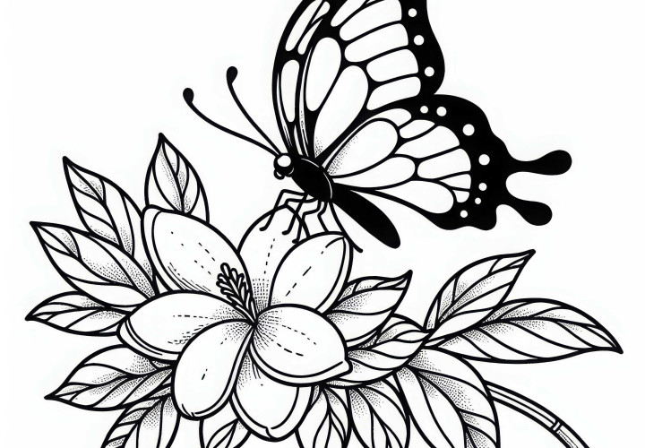 나비가 가데니아 꽃 위에 쉬고 있습니다 – 무료 색칠하기 이미?