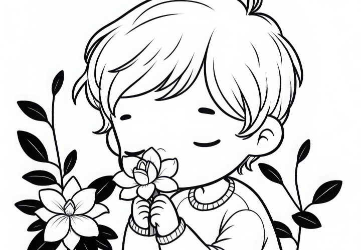 아이들이 눈을 감고 가데니아 꽃향기를 맡고 있는 모습 - 무료 색칠하기 그림