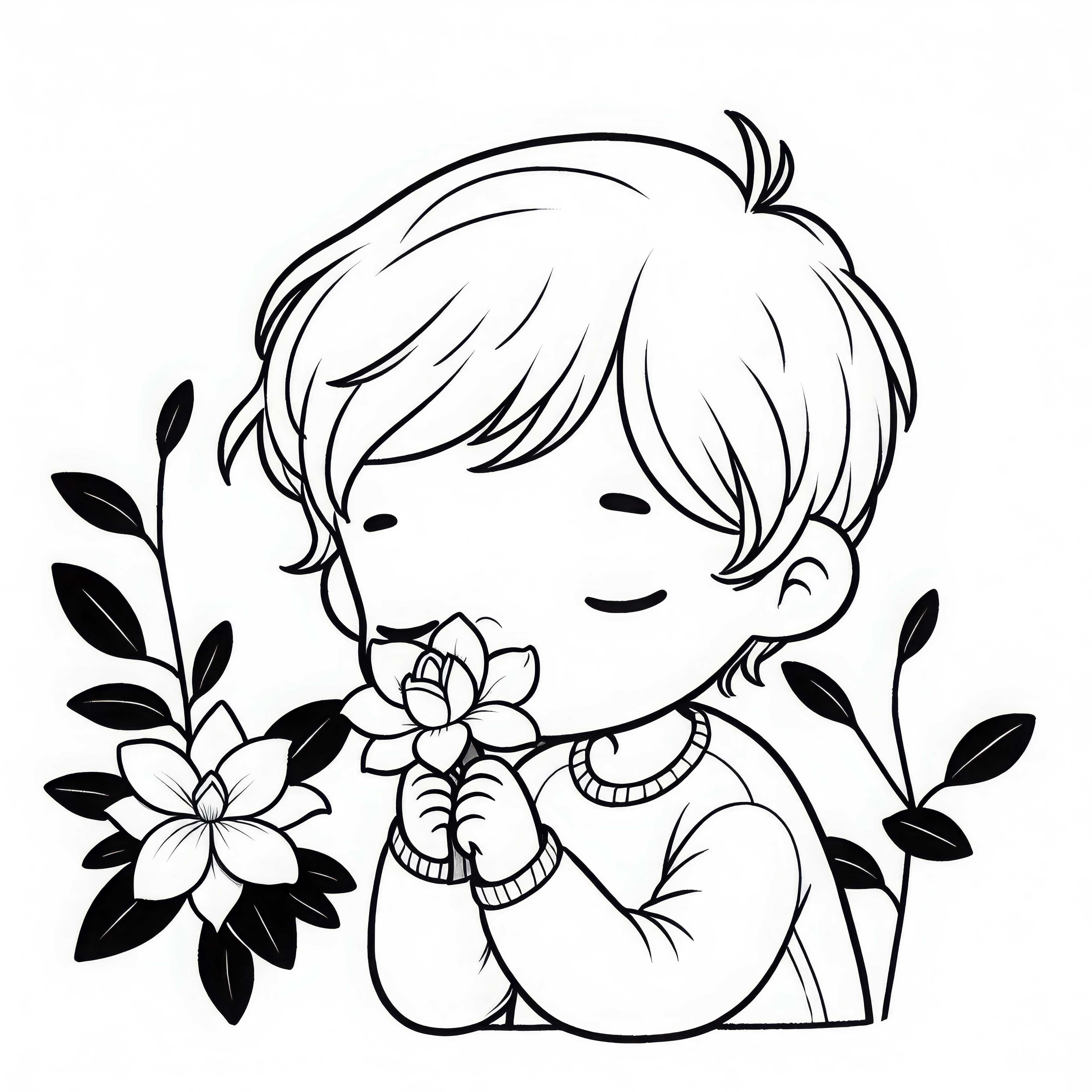 아이 한 명이 꽃인 가드니아를 향기 맡으며 눈을 감고 있습니다 - 무료 색칠하기 그림