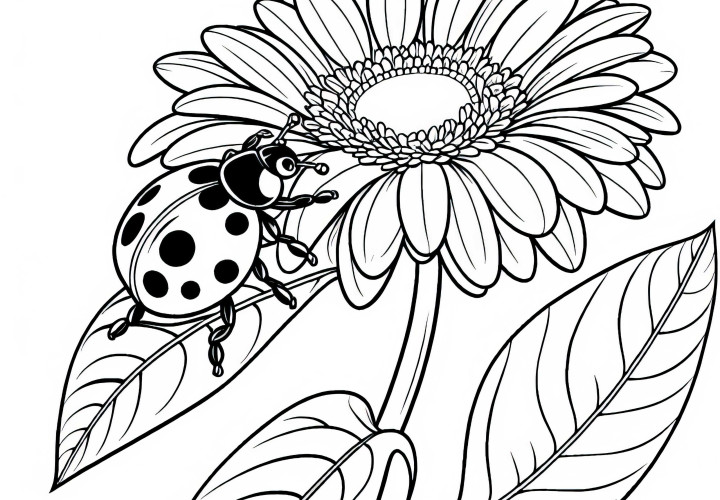 Murvarček sedi na listu cveta gerbere – predloga za barvanje