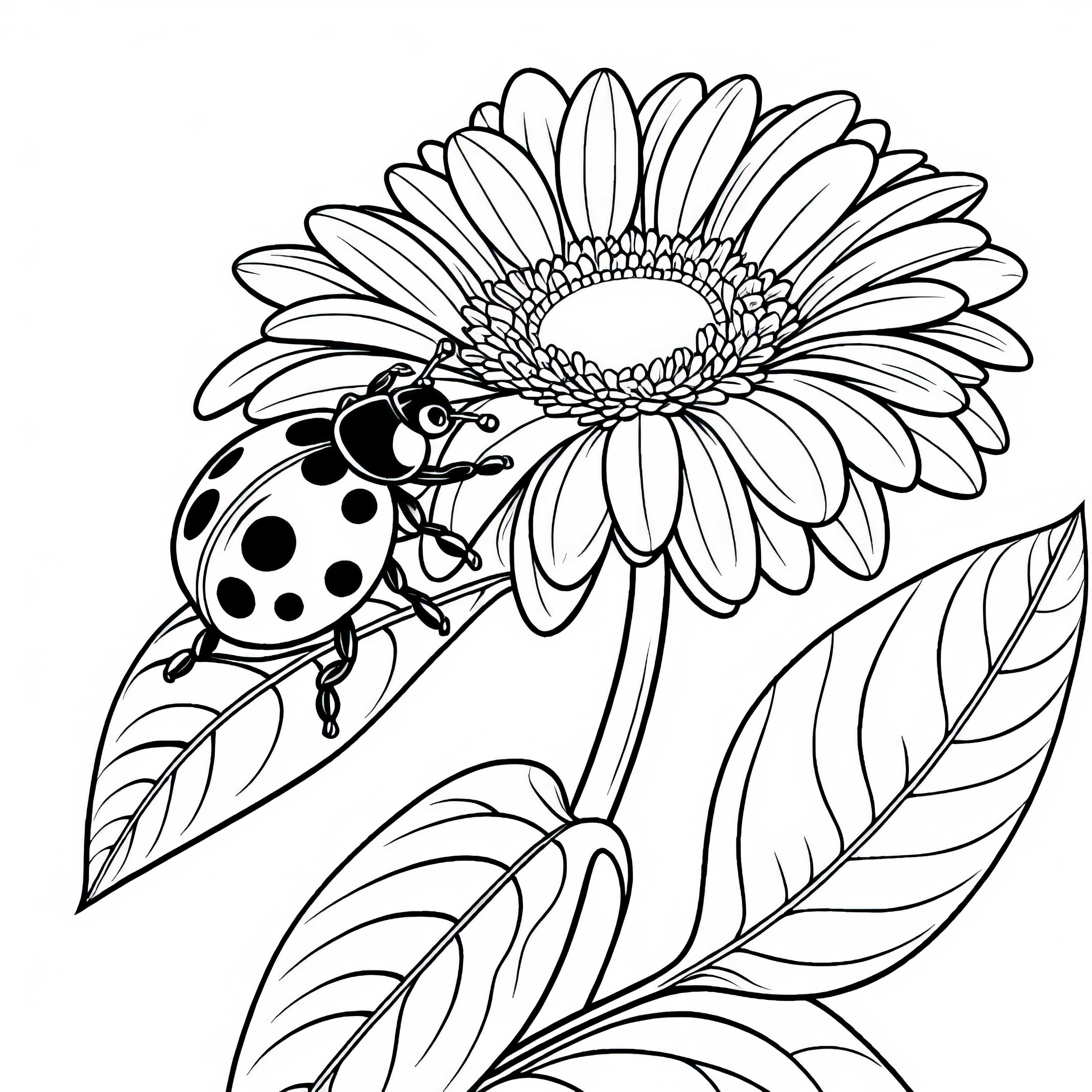 Ladybug sitting on a leaf of the flower Gerbera - coloring template for coloring Ladybug sits on a petal of the Gerbera flower – coloring page to color in
