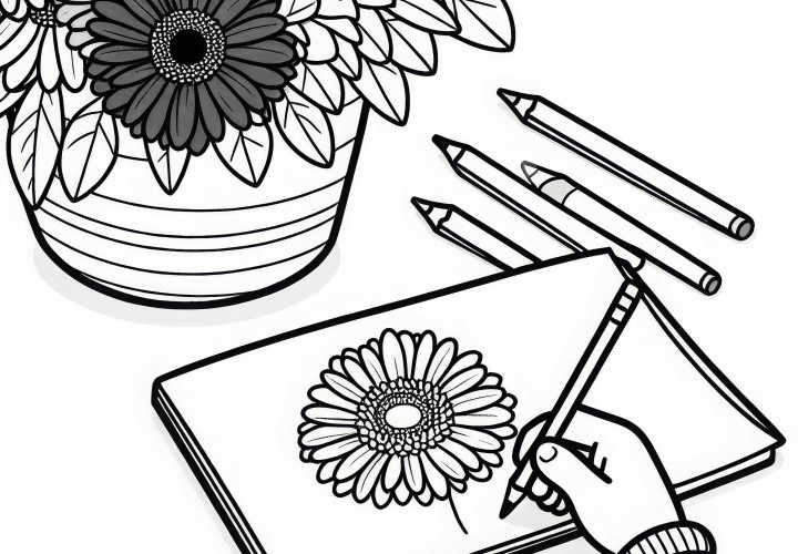 Otrok riše gerbero - barvna slika brezplačno