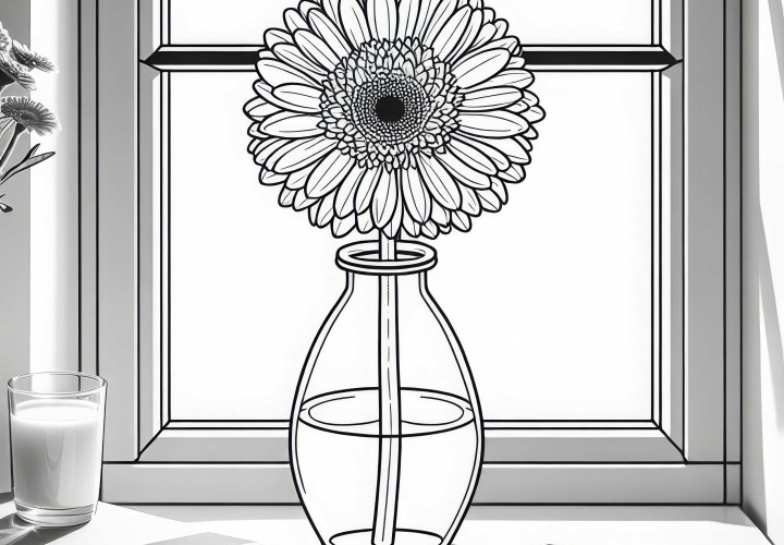 Cvet Gerbera v stekleni vazi na okenski polici - brezplačna barvanka