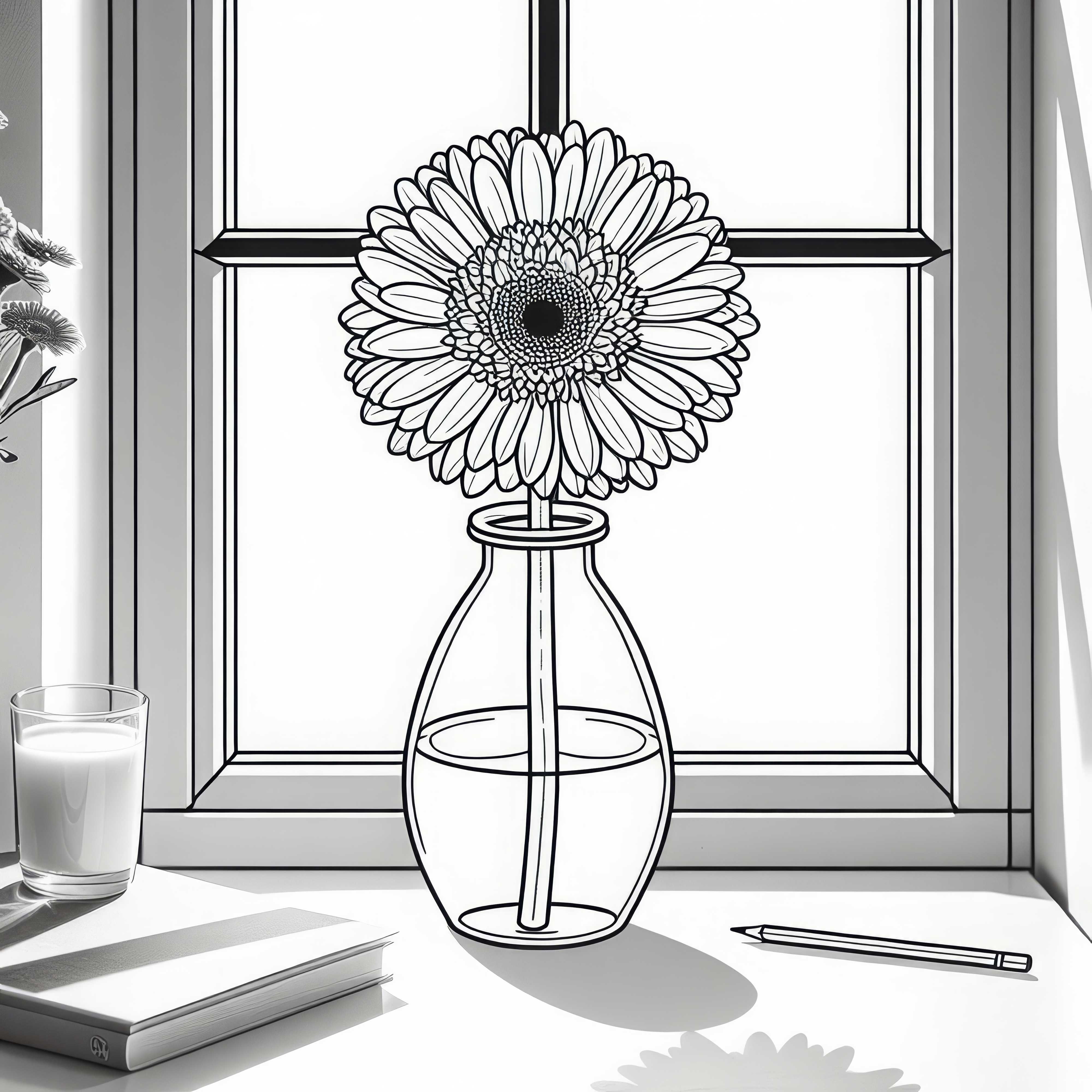 Gerbera flower in glass vase on windowsill – Free coloring page Gerbera flower in glass vase on windowsill - Free coloring page