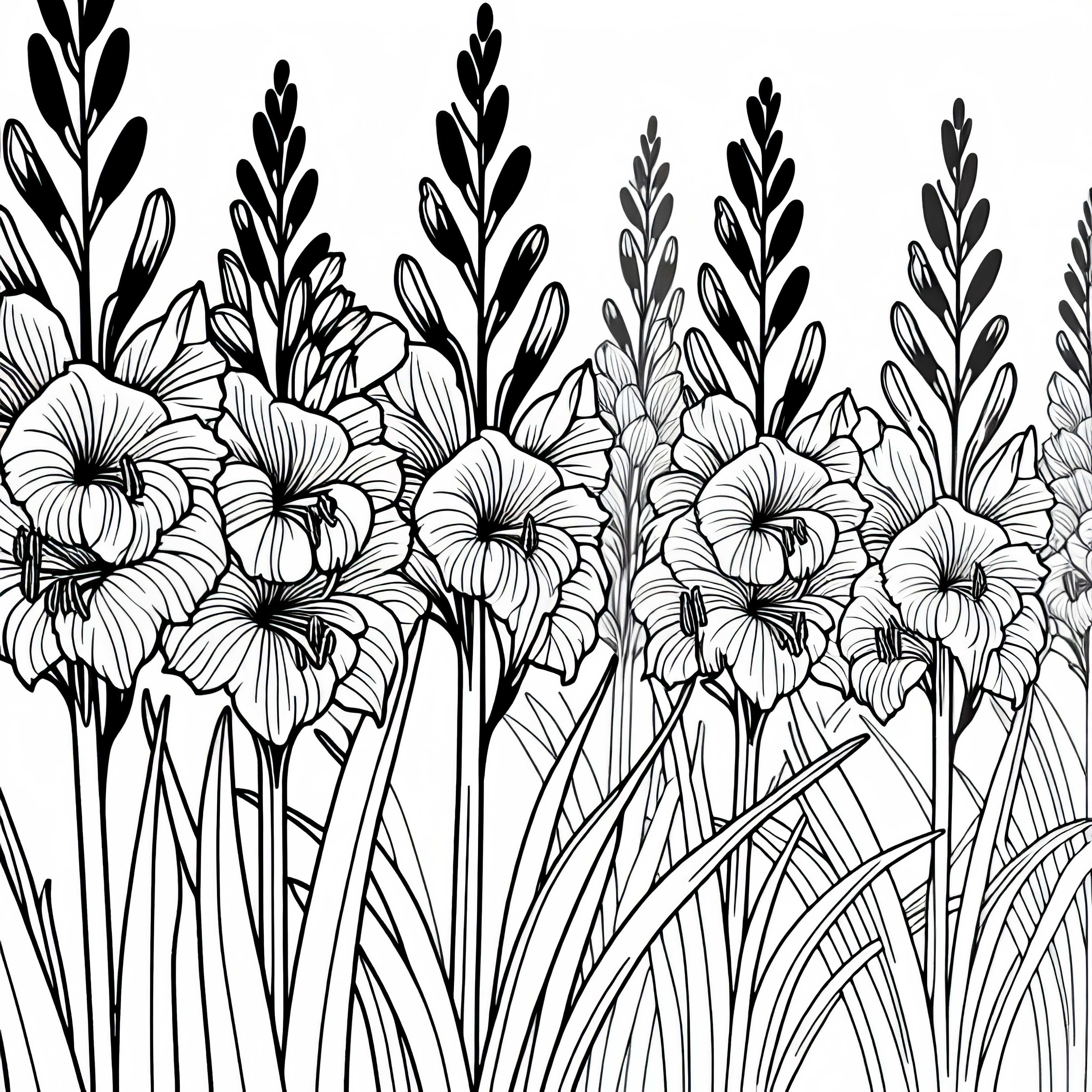 Several flowers and gladioli grow in the summer garden – Free coloring template