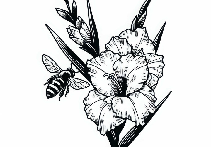 Arı çiçek Gladyol etrafında uçuyor Renklendirme resmi Ücretsiz