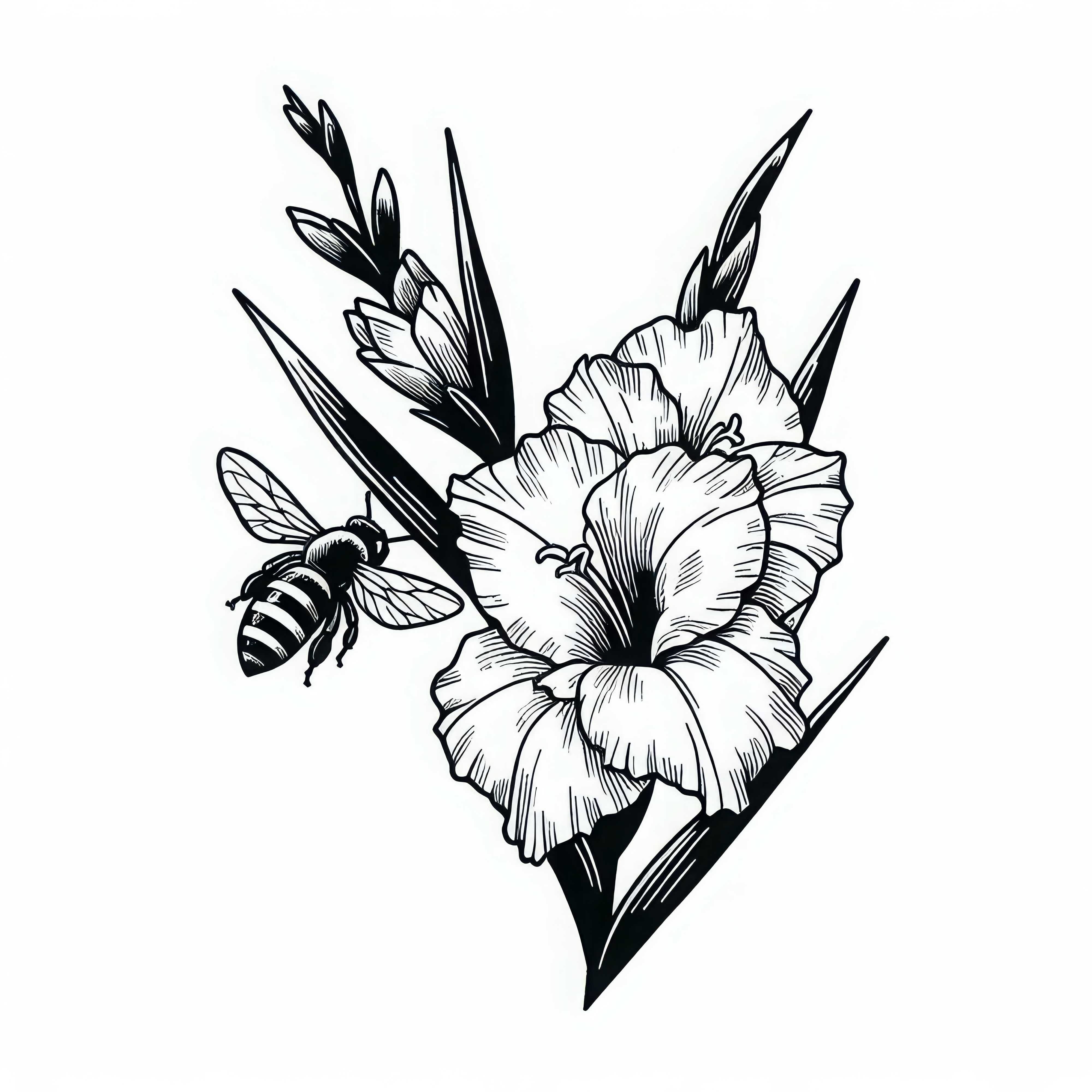 Včela létá kolem květu gladioly. Malovací obrázek zdarma