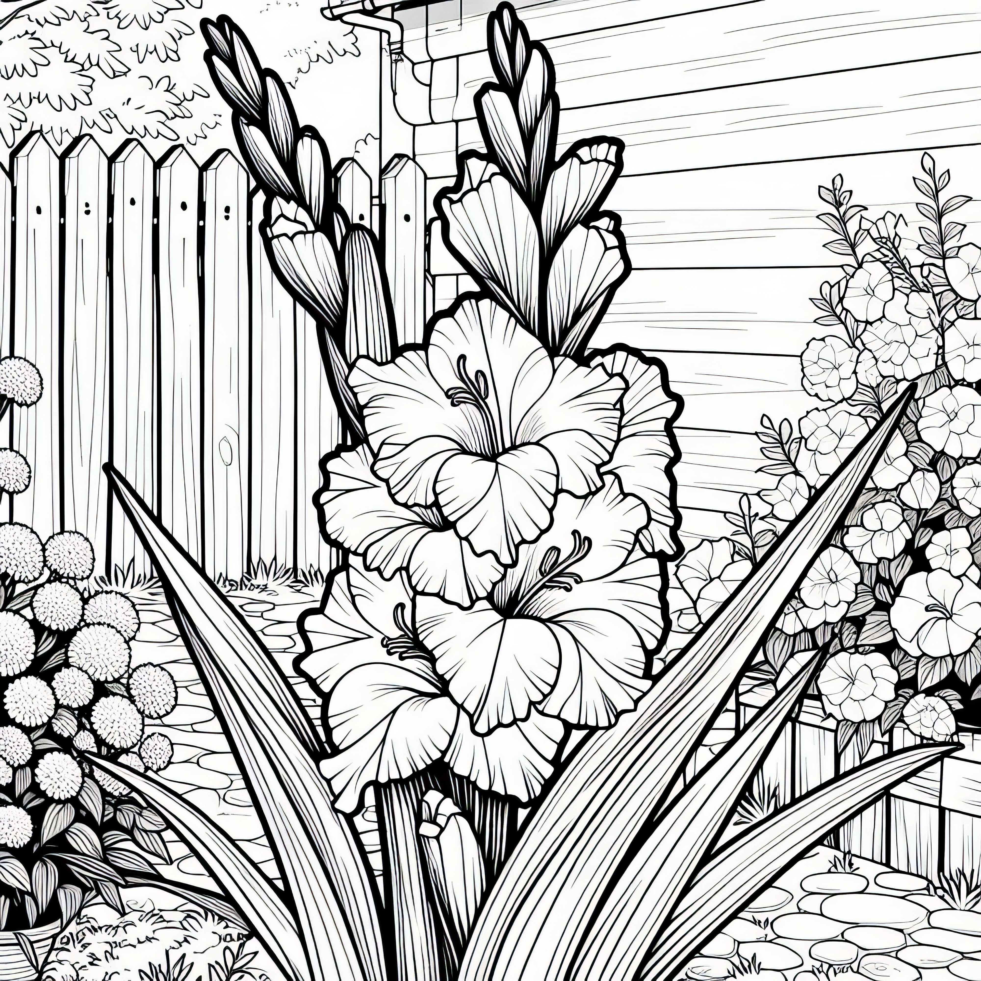 Gladioly na zahradě – Bezplatná omalovánka k vybarvení Gladioly na zahradě – Zdarma malovací šablona k vybarvení