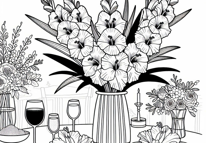 Vazodaki gladyatör çiçekleri, bayram masası – Ücretsiz boyama sayfası