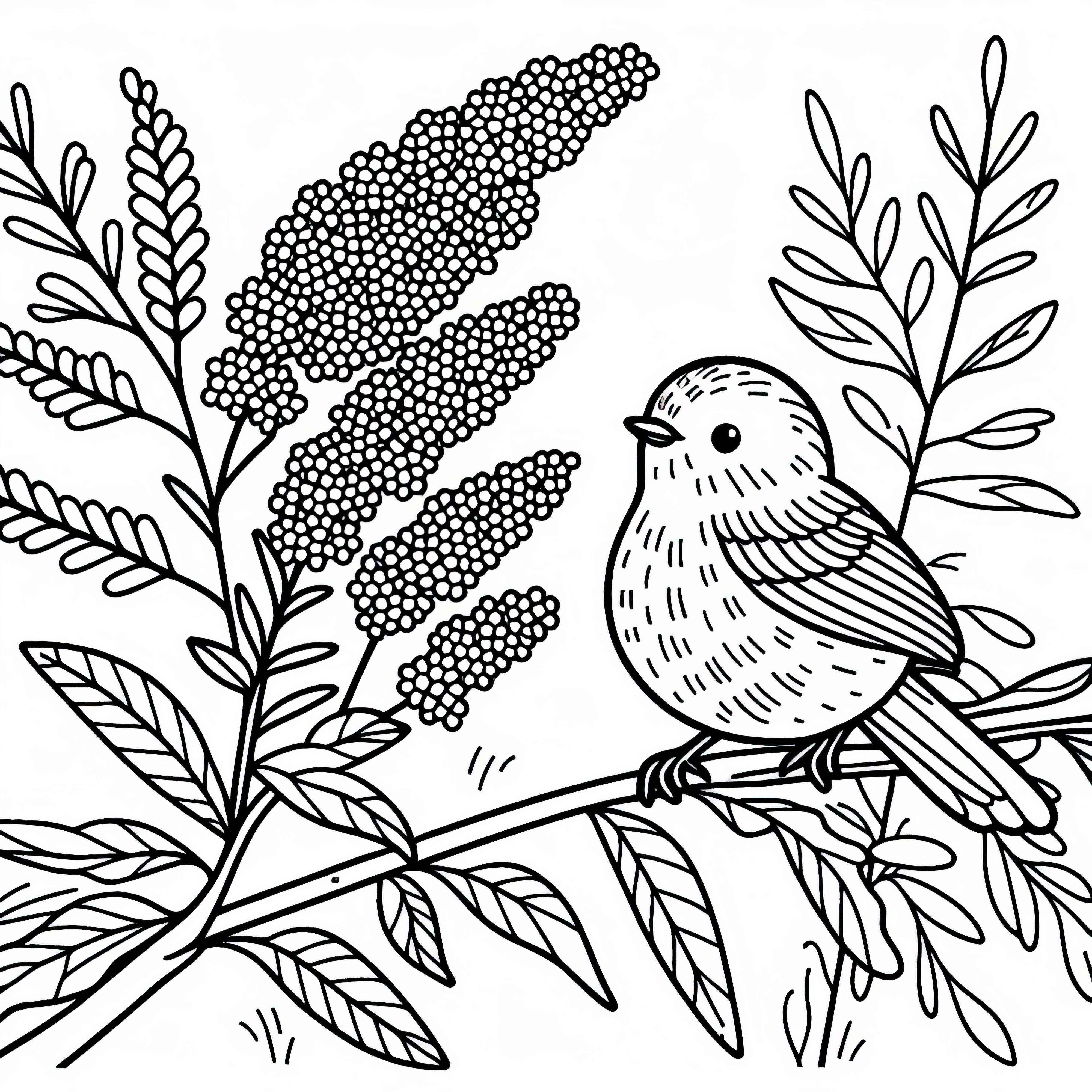 Kleiner Vogel Sitzt Auf Zweig Der Blume Goldrute Malvorlage Gratis