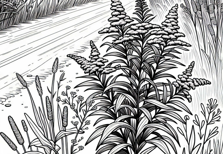 Златна пръчица расте между високи треви край полевия път – Безплатен шаблон за оцветяване