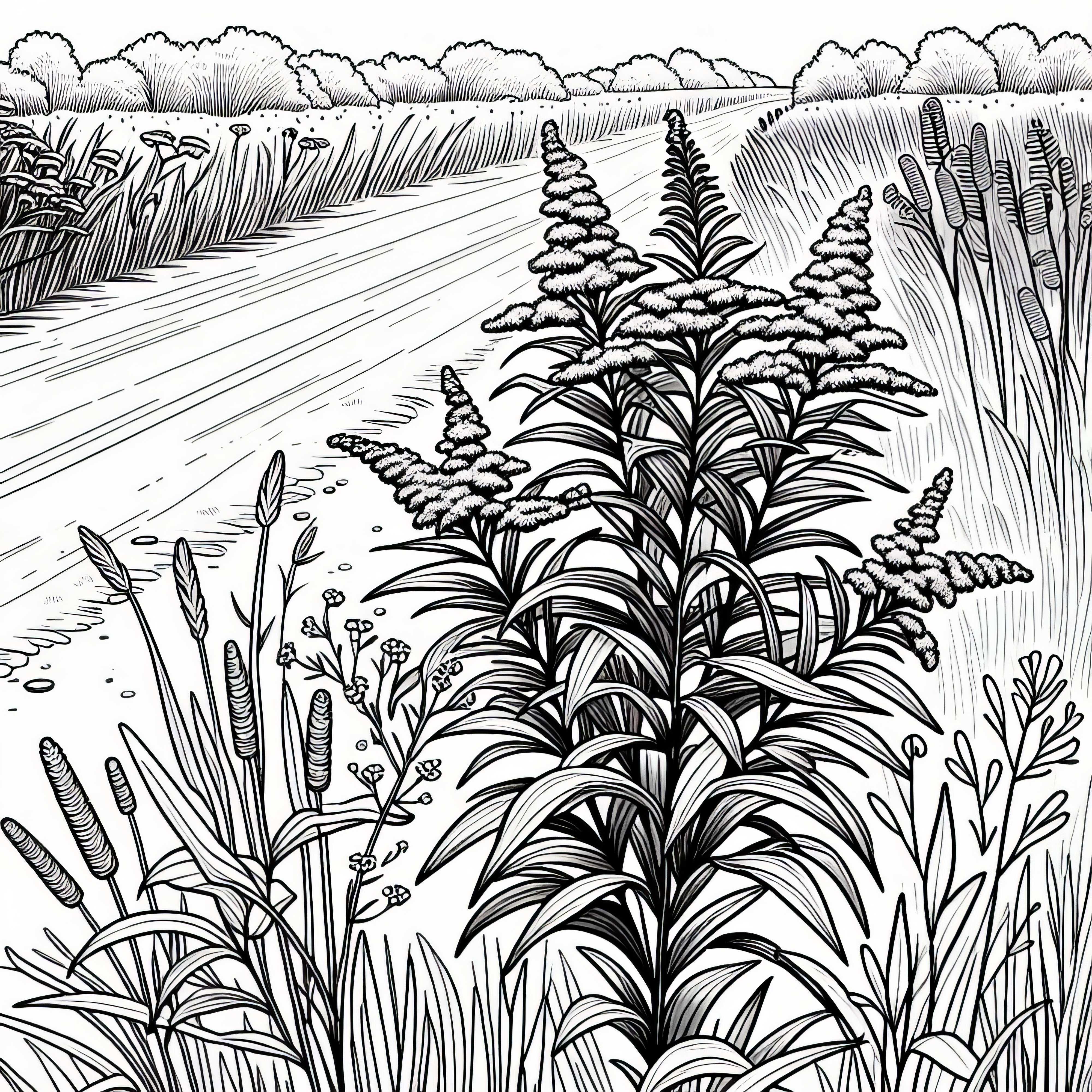 Златната пръчка расте между високите трева по полския път – безплатна разцветка Златистата ружа расте между високите треви край полския път - безплатен шаблон за оцветяване