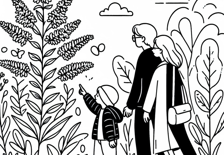Дете сочи към цветя-златни пръчки по време на разходка с родителите – безплатна оцветяваща страница