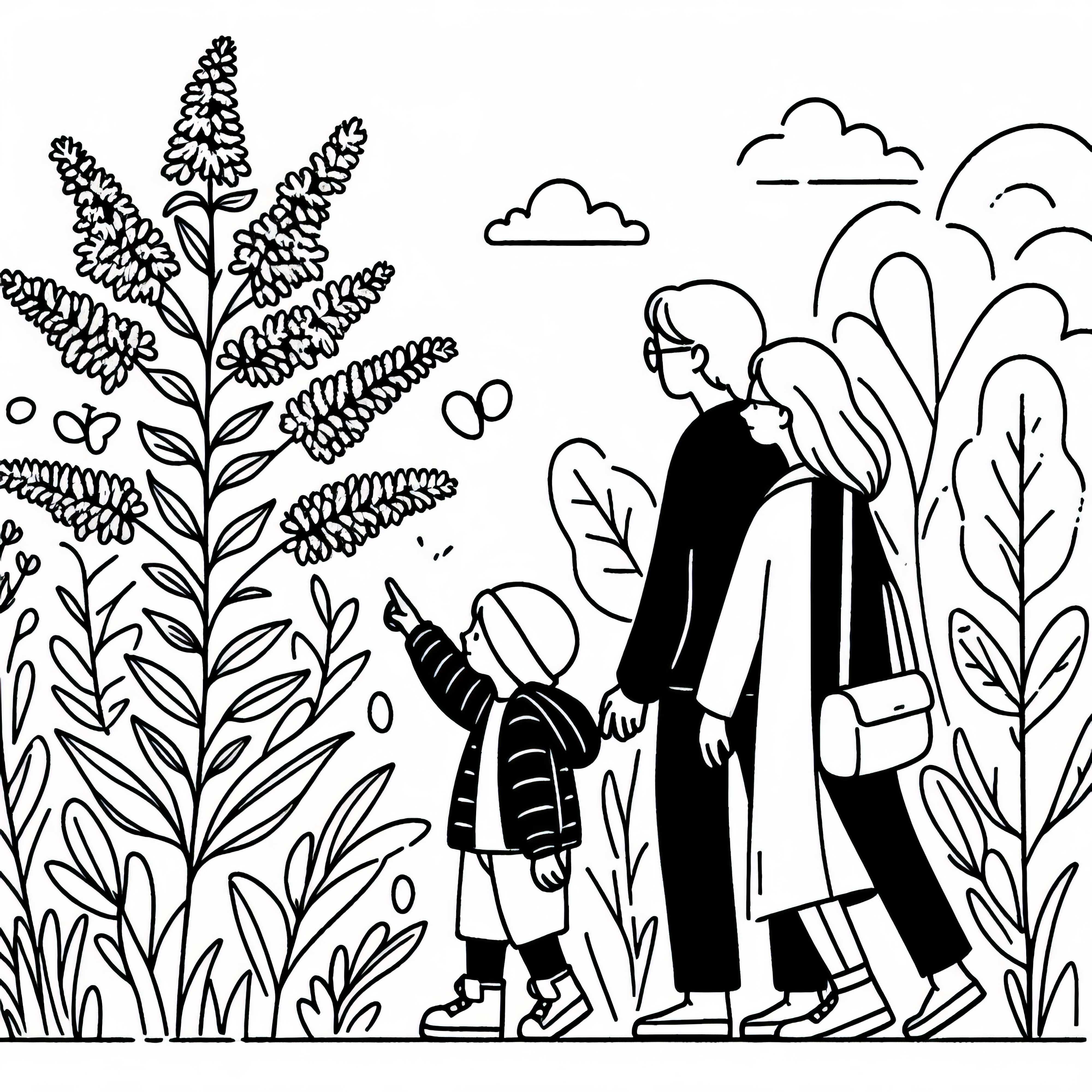 Дете показва на цветя златна пръчица по време на разходка с родителите – безплатен шаблон за оцветяване Дете сочи цветя златни пръстени по време на разходка с родителите – безплатна рисунка за оцветяване