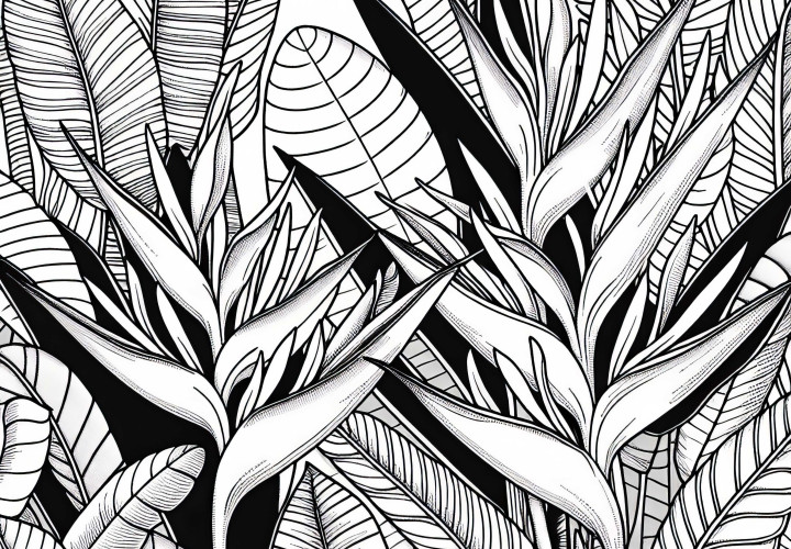 Няколко цветя: Хеликонии растат плътно едно до друго – безплатен контур за оцветяване