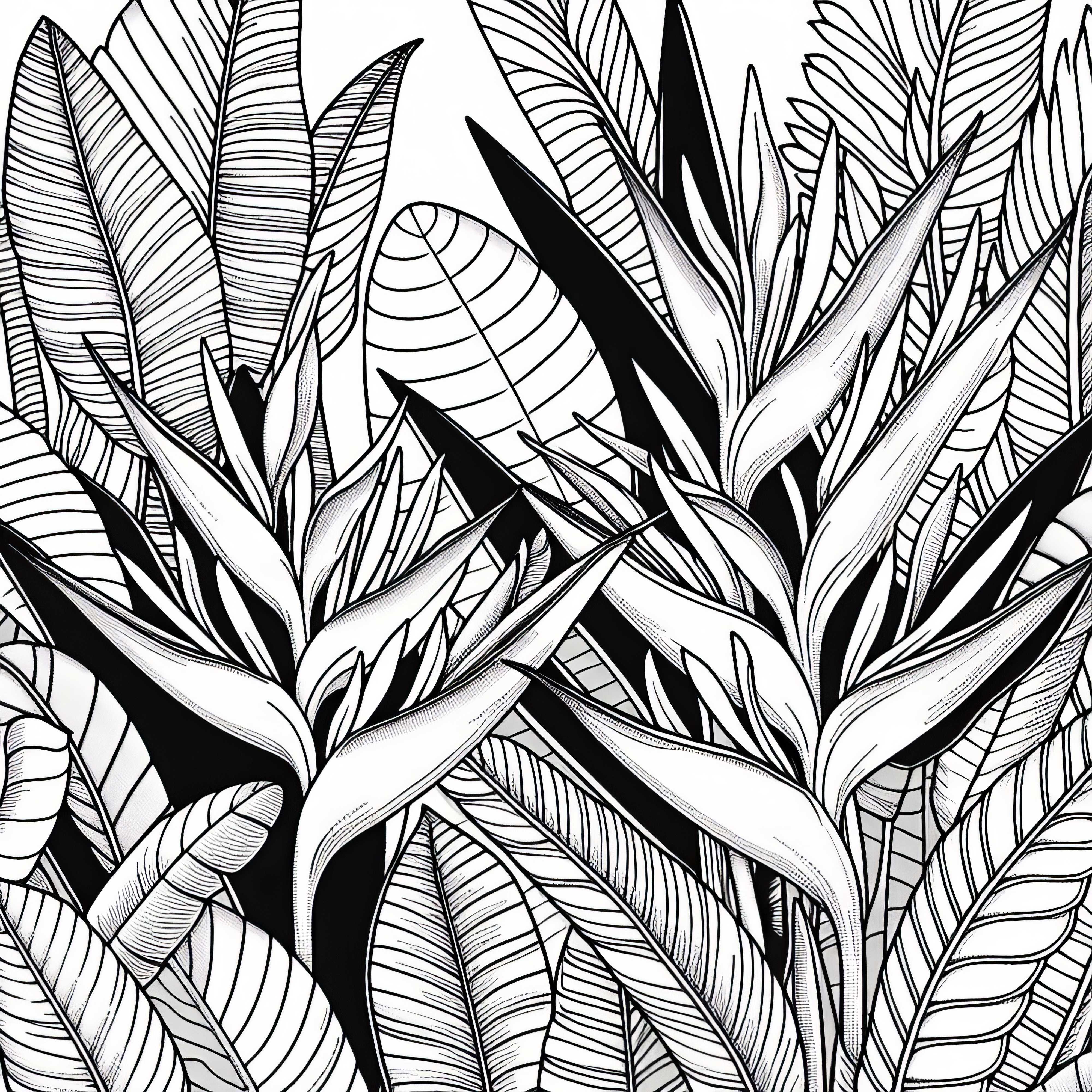 Няколко цветя: Хеликонии растат гъсто един до друг – Безплатна оцветяваща страница Няколко цветя: Хеликонии растат плътно едно до друго – Безплатна оцветяваща страница