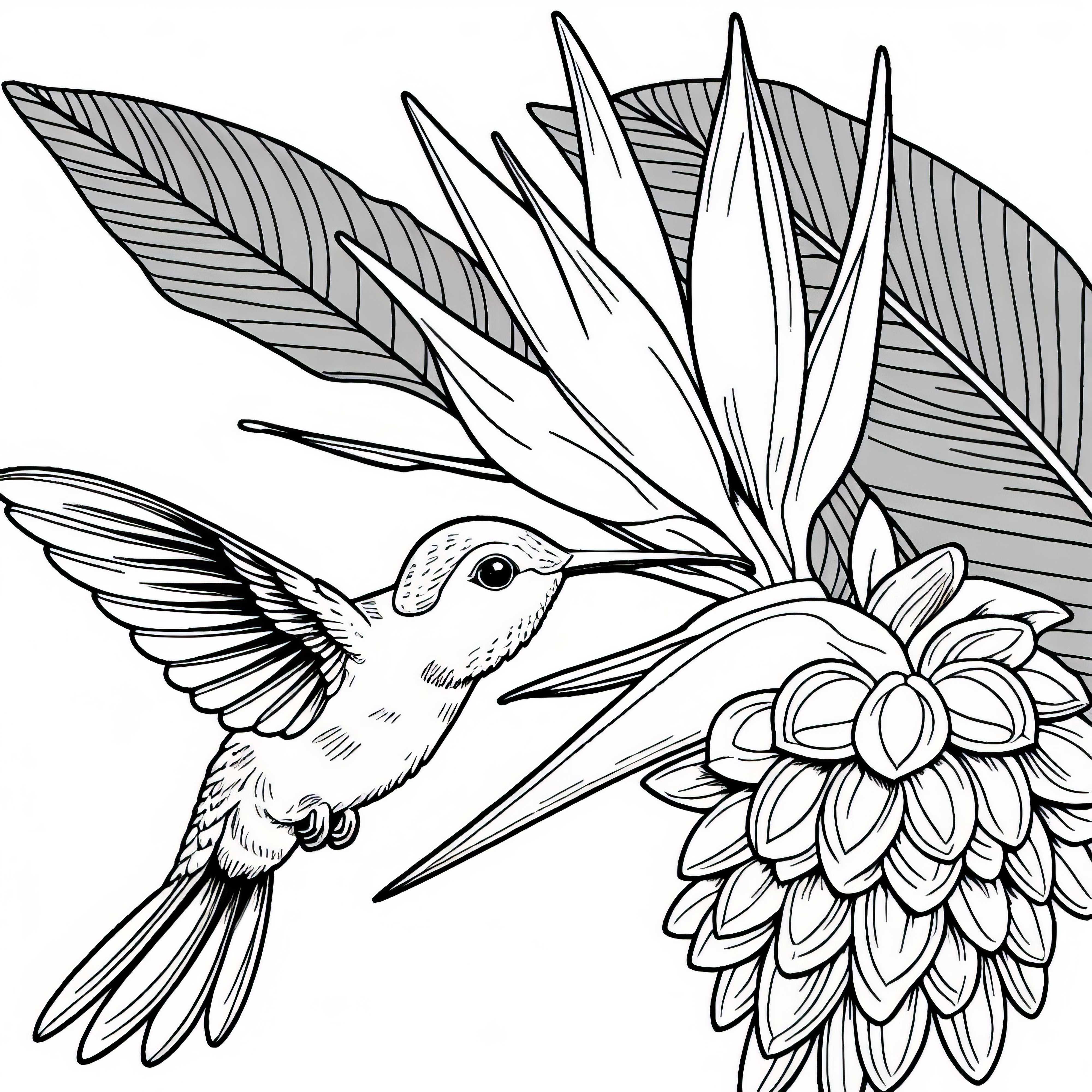 Колибри плава пред цвете хеликония - безплатен шаблон за оцветяване Колибри плава пред цвете хеликония - безплатна оцветяване страница