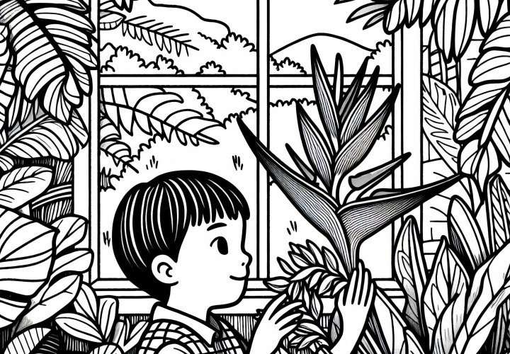 Дете наблюдава цвете Хеликония, безплатна оцветяваща страница