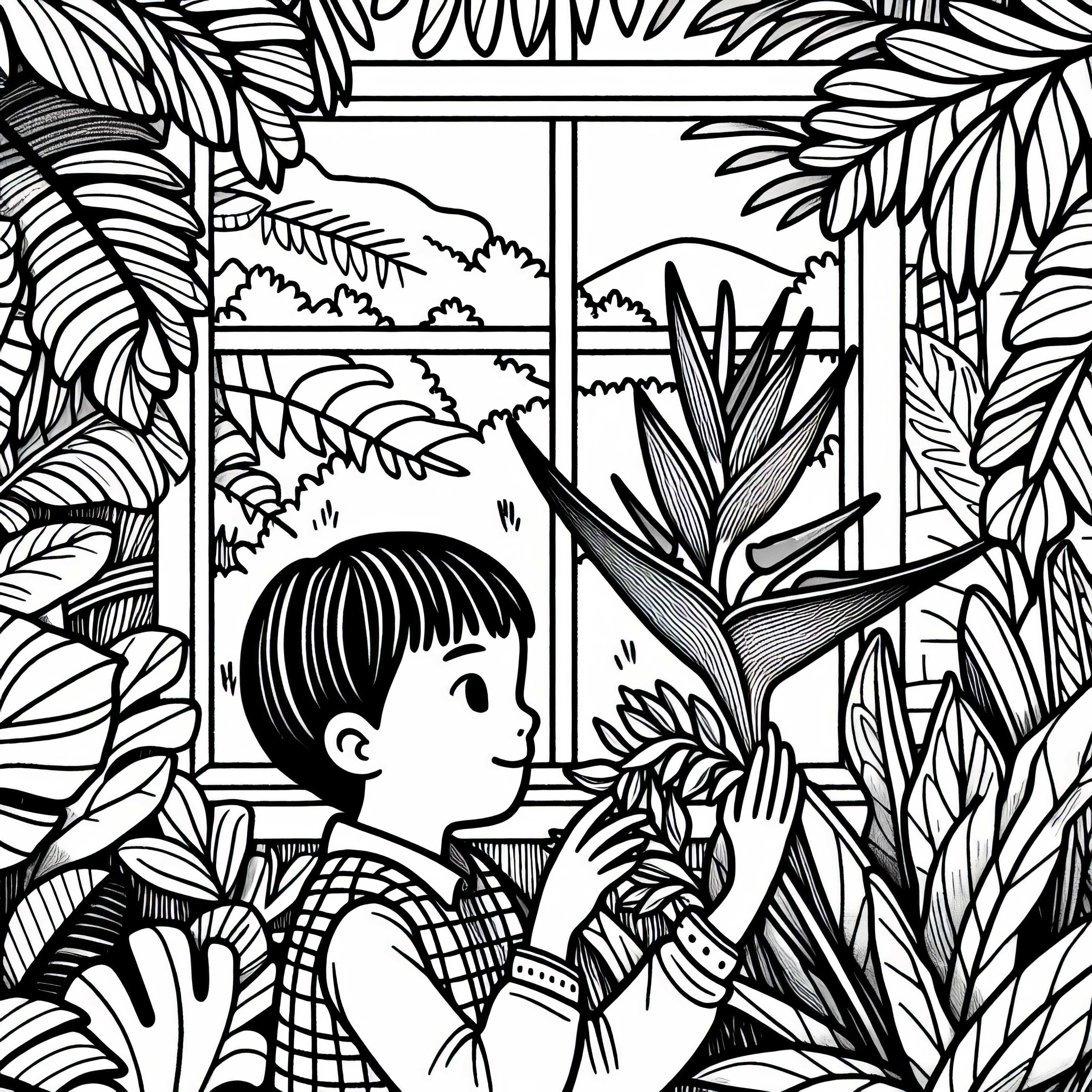 Дете разглежда картина за оцветяване на цвете хеликония безплатно Детето разглежда цветето хеликония, шаблон за оцветяване, безплатно