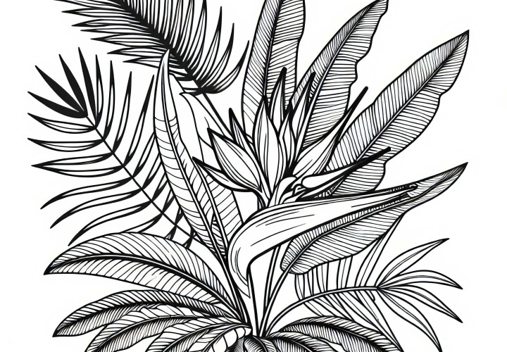 Цвете Хеликония Расте Между Папрати и Листата на Палки – Безплатна Оцветяваща Страница