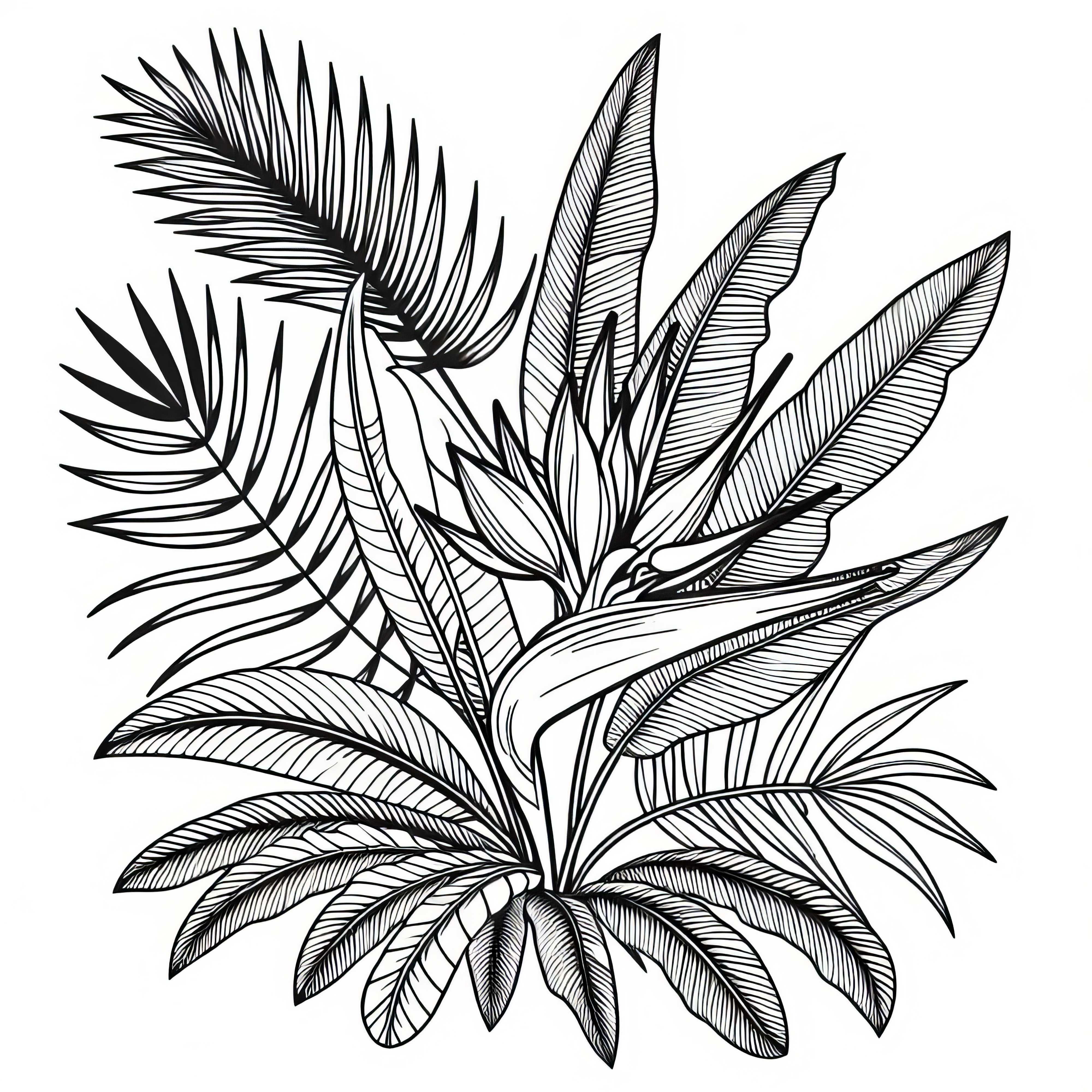 Цвете Хеликония Расте Между Папрати и Листата на Палми &ndash; Безплатна Оцветяваща Картина