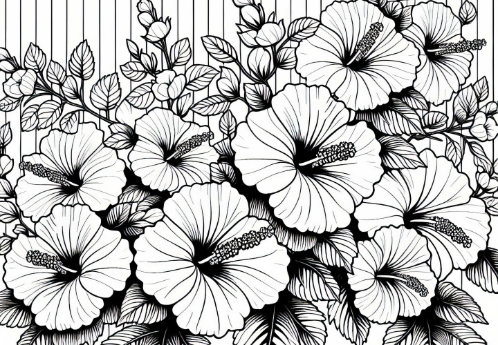 Several hibiscuses are blooming along a garden fence - Free coloring page