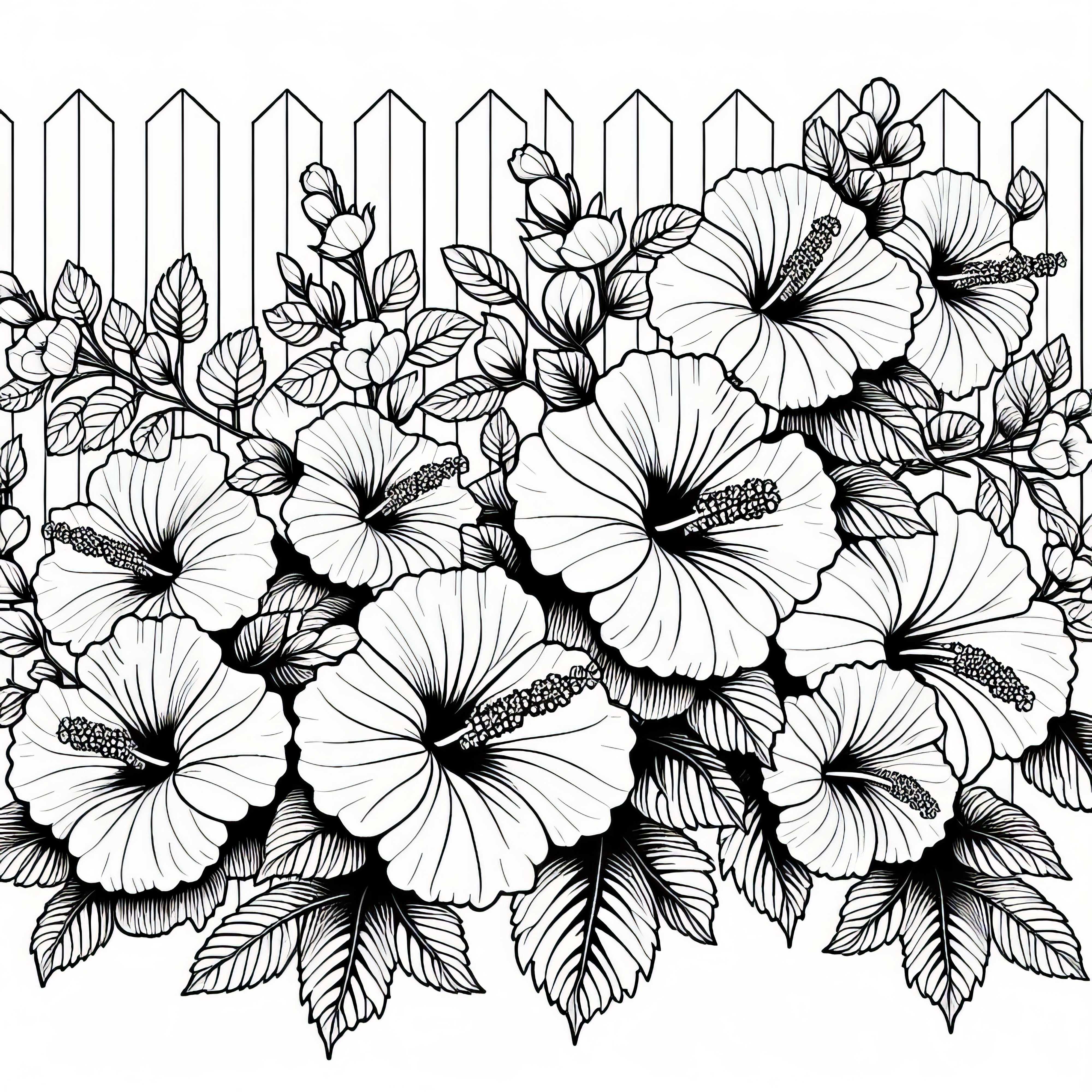 Several hibiscuses are blooming along a garden fence - coloring page for free Several hibiscus flowers bloom along a garden fence - Free coloring page
