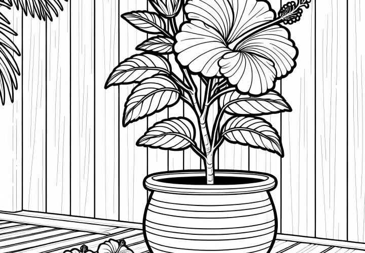 Hibiscus in a pot on a wooden terrace - coloring page free of charge