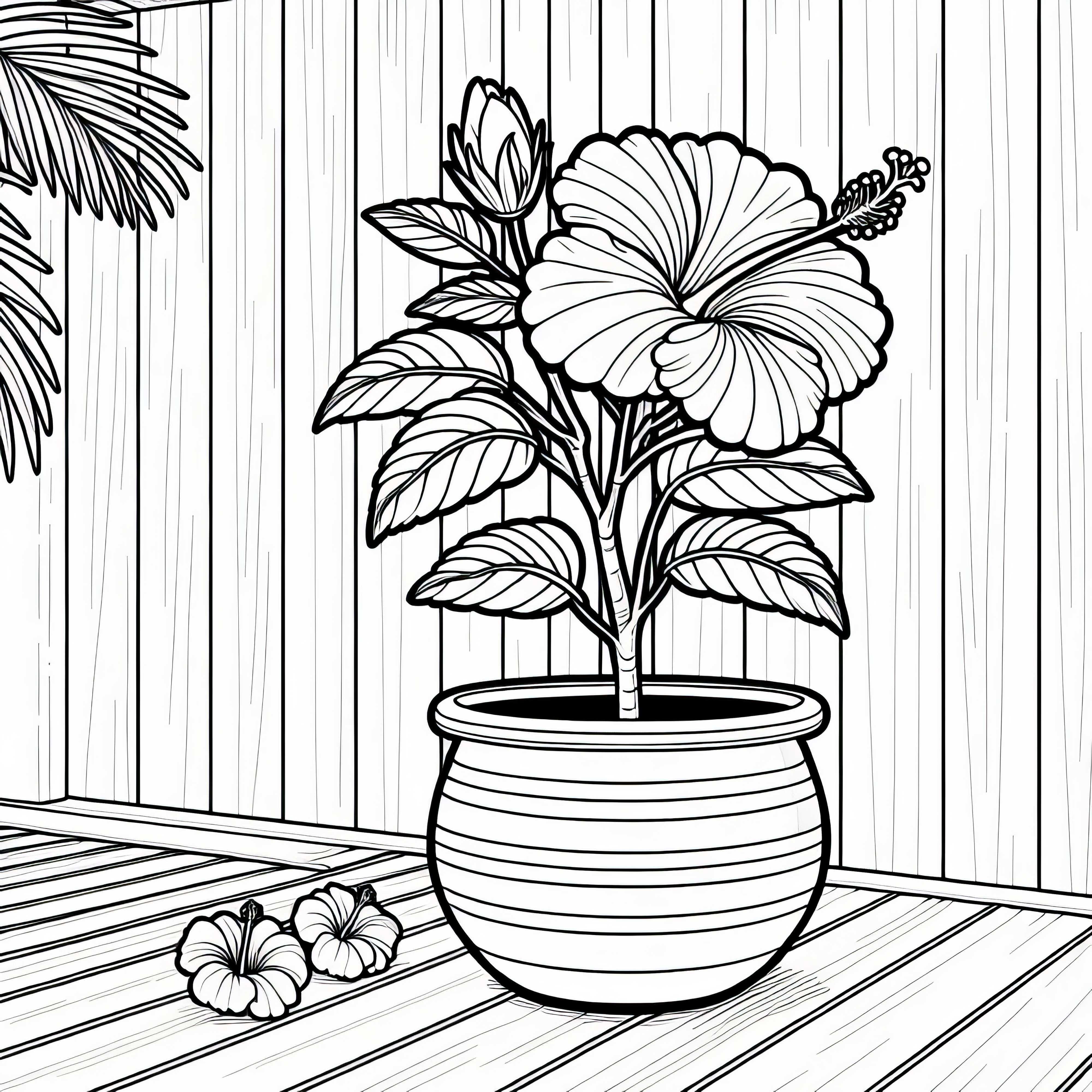 Hibiscus in pot on wooden terrace - Free coloring page Hibiscus in pot on wooden terrace - Free coloring page
