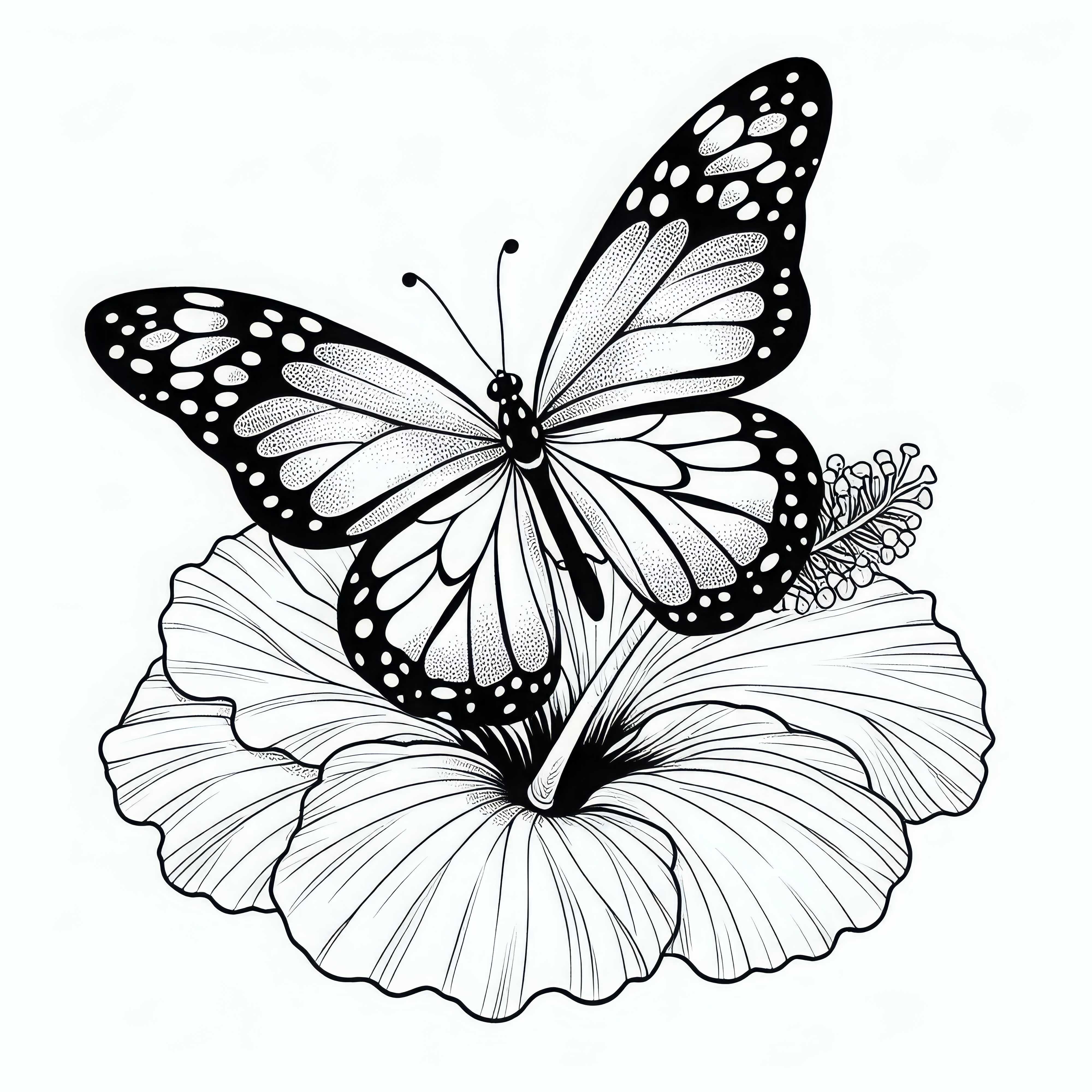 Butterfly lands on hibiscus and spreads its wings – free coloring page Butterfly lands on hibiscus and spreads its wings – free coloring page
