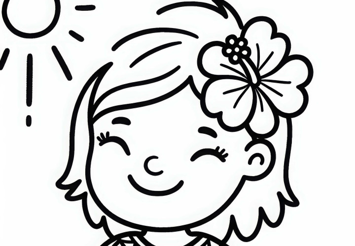 Child wears hibiscus in their hair, smiling in the sun - Free coloring page