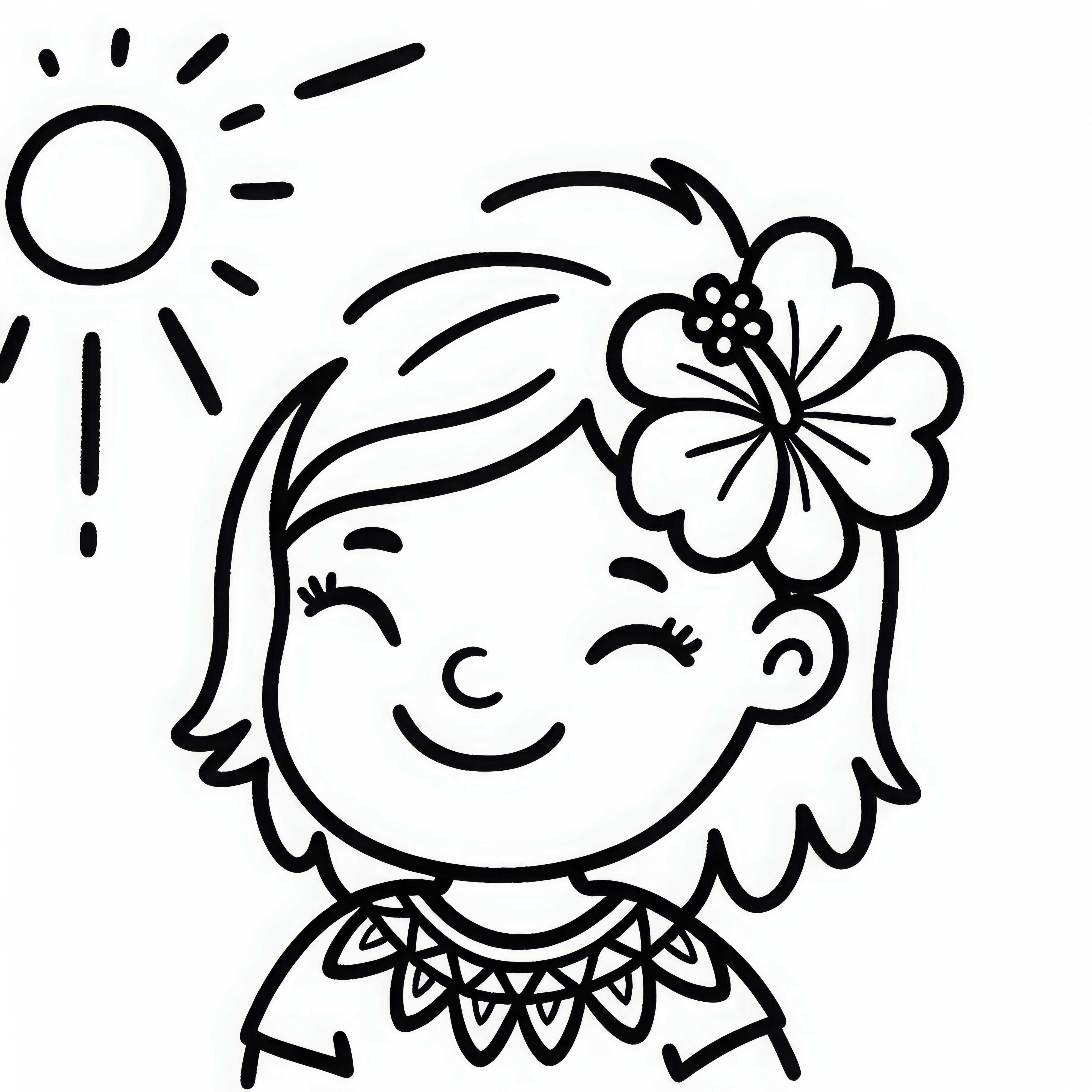 Child wears hibiscus in their hair, smiling in the sun – Free coloring page