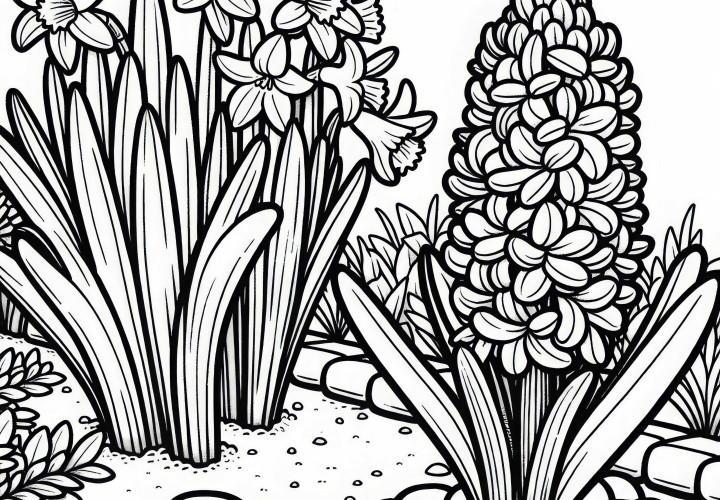 Хиацинтите растат в градинското легло до нарцисите – Безплатна рисунка за оцветяване
