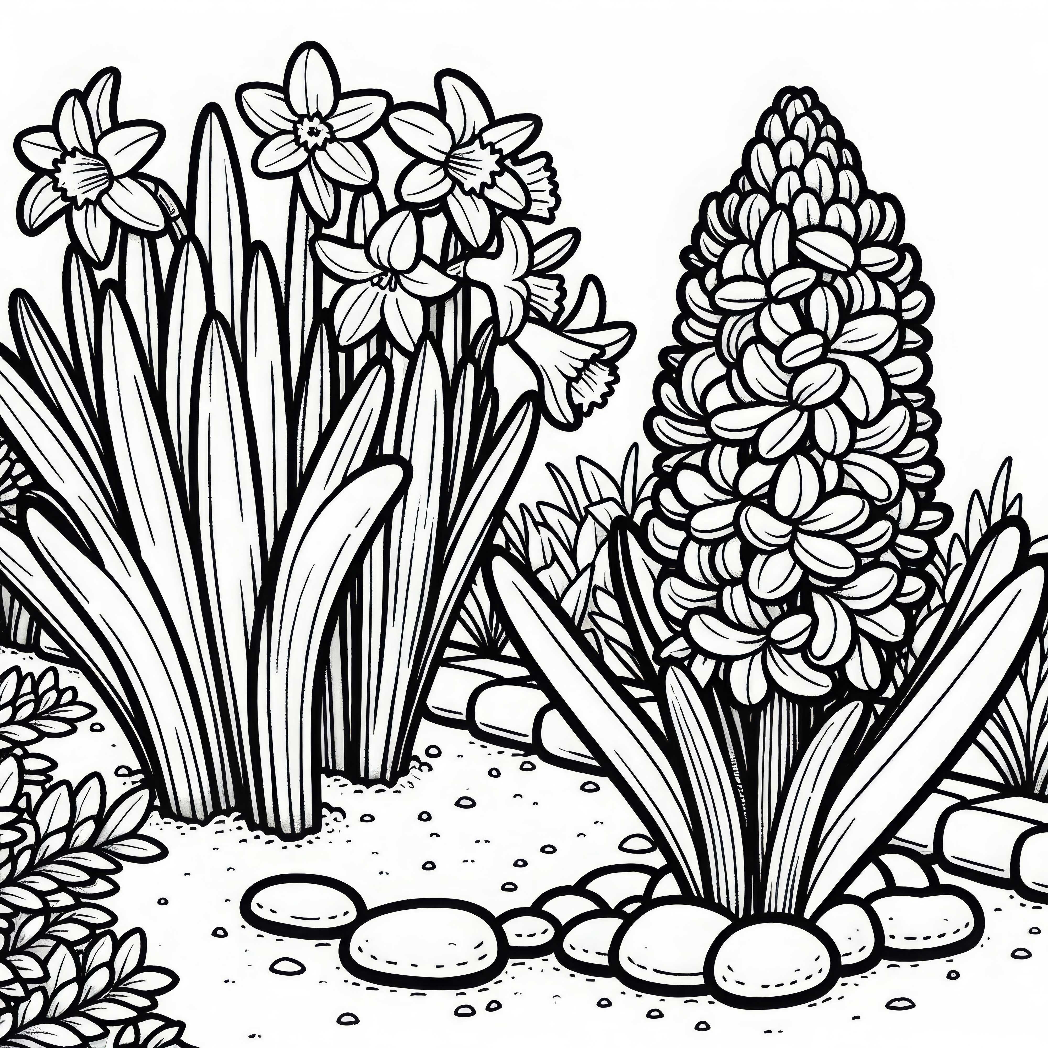 Хиацинтите растат в градинското легло до нарцисите – Безплатна рисунка за оцветяване Хиазинтът расте в градинското легло до нарцисите – Безплатна цветна картина
