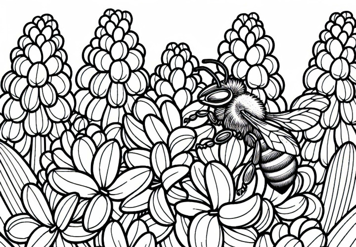 Пчела пълзи между цветята на хиацинта – безплатна оцветяваща страница