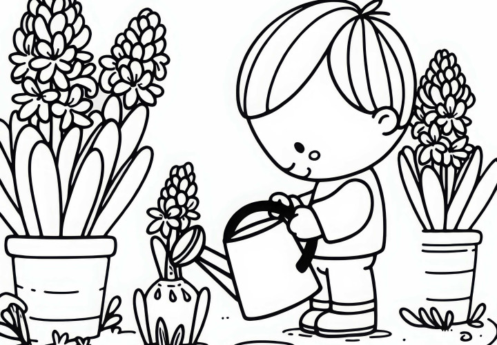 Дете полива хиацинти с поливна кана – безплатна оцветяваща картина