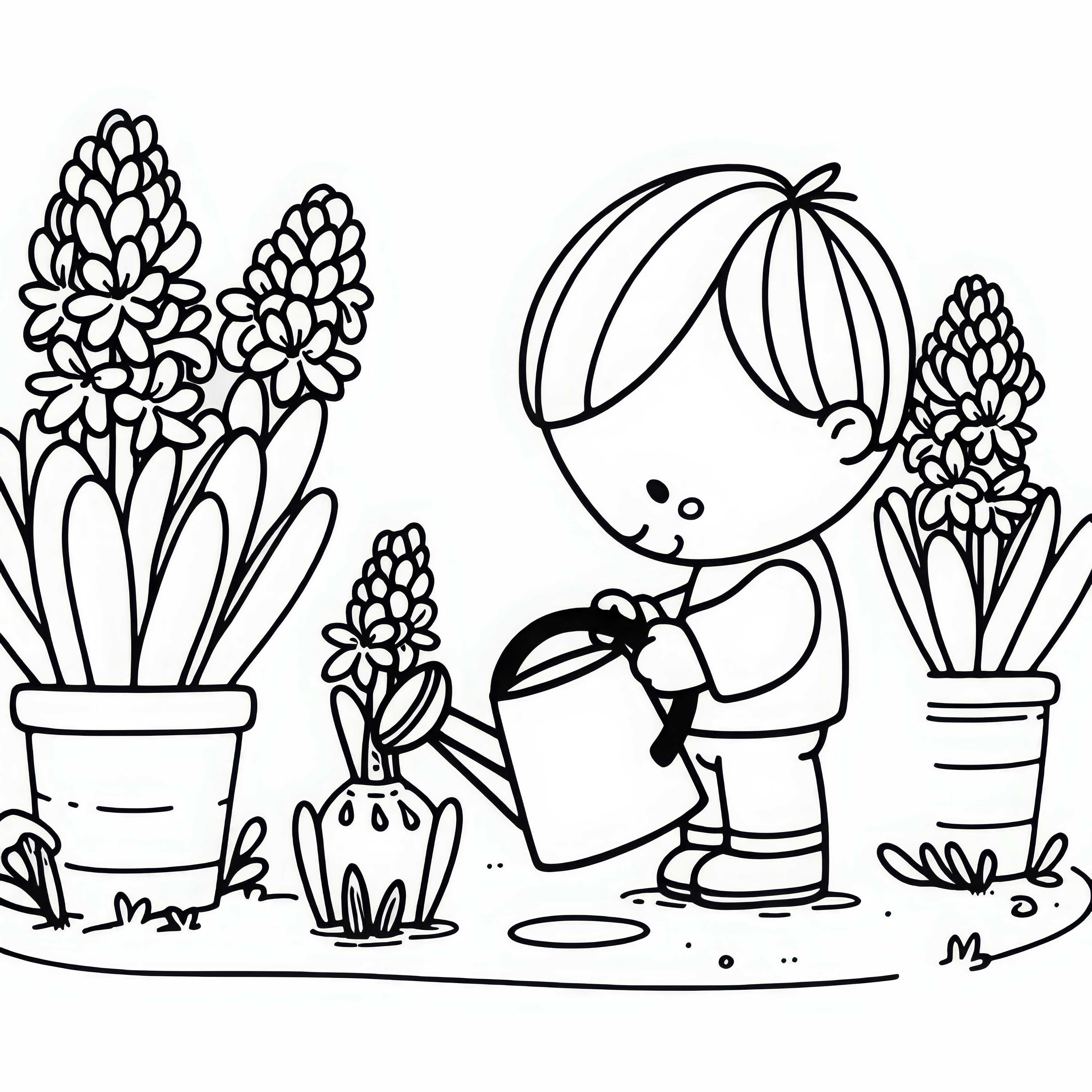 Дете полива хиацини с поливна кана – рисунка за оцветяване безплатно Дете полива хиацинти с поливна каничка – Безплатна картина за оцветяване