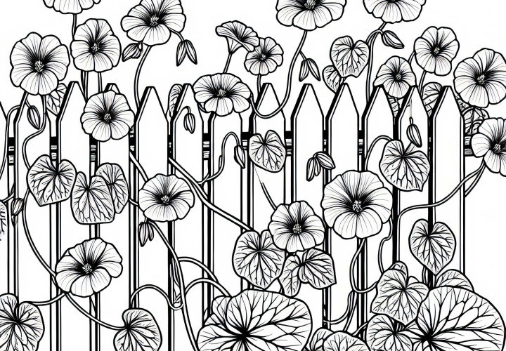 Капуцинерска настурция расте по оградата – Безплатна оцветяваща страница