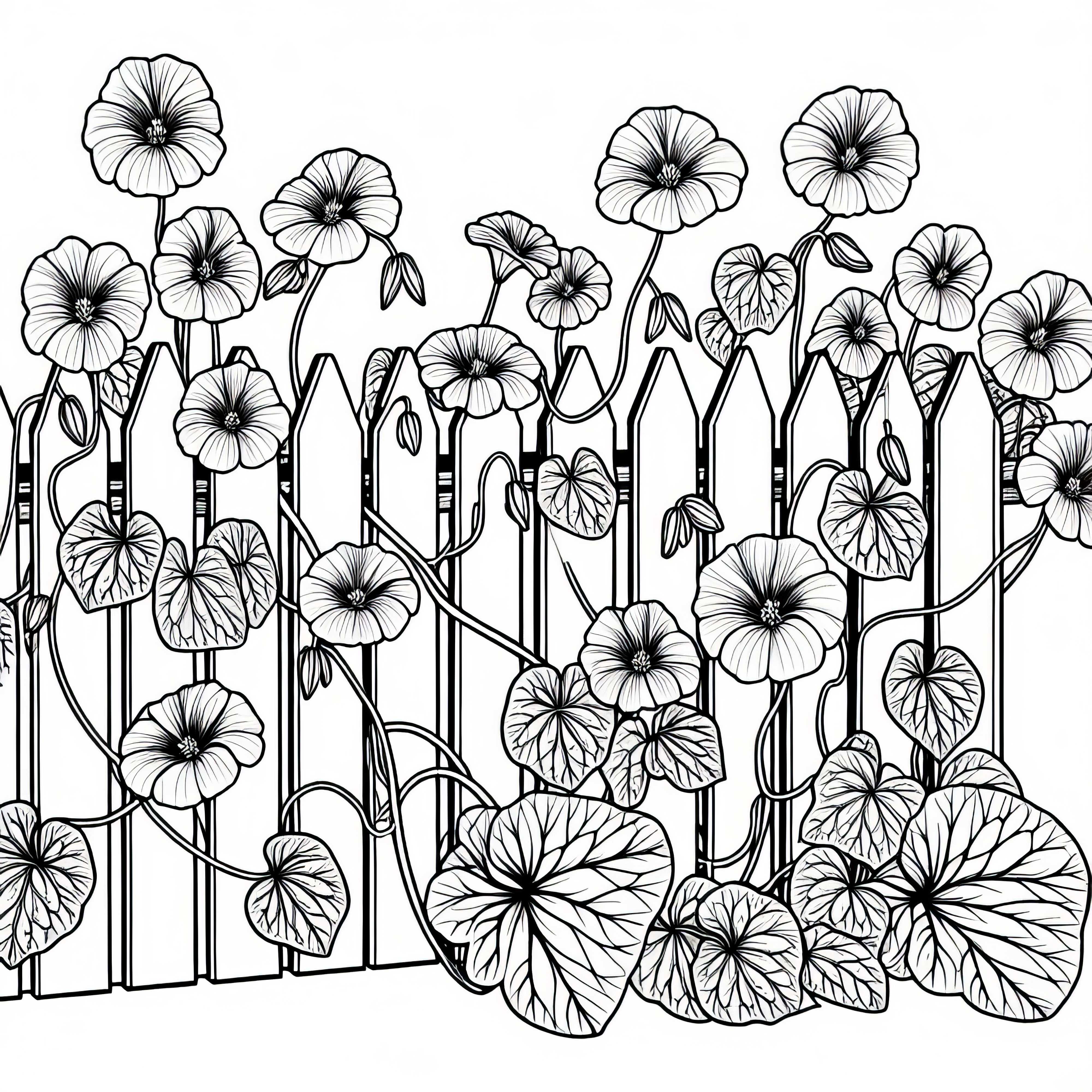 Капуцинерска настурция расте по дъската на оградата &ndash; безплатен шаблон за оцветяване