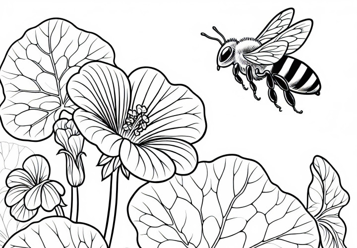 Пчела лети над капуцинерска кресонка – Безплатна рисунка за оцветяване