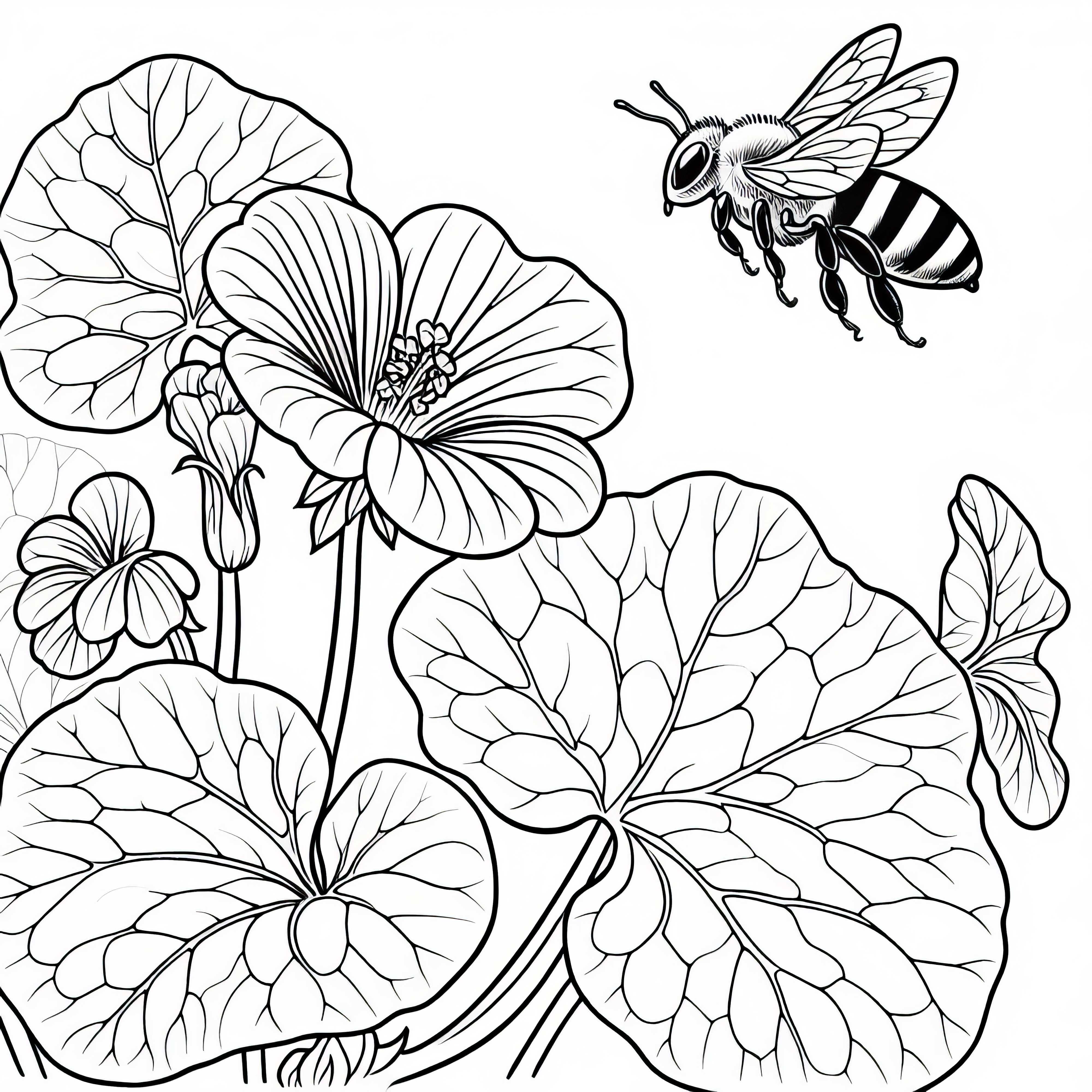 Пчела лети над капуцинерка – Безплатна оцвети изображение Пчела лети над кольраби – Безплатна рисунка за оцветяване