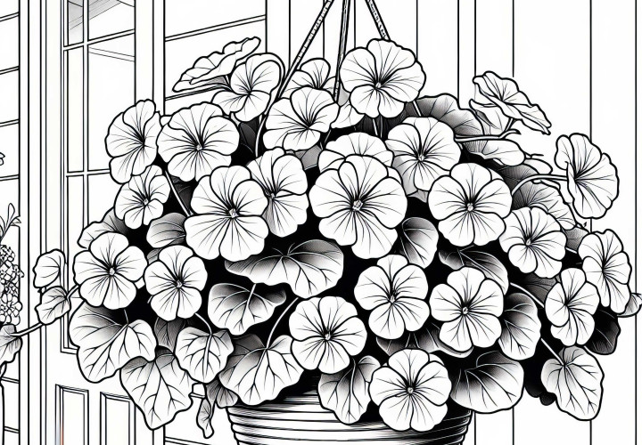 Капуцинерска настурция расте в висящ саксия на верандата – безплатен контур за оцветяване