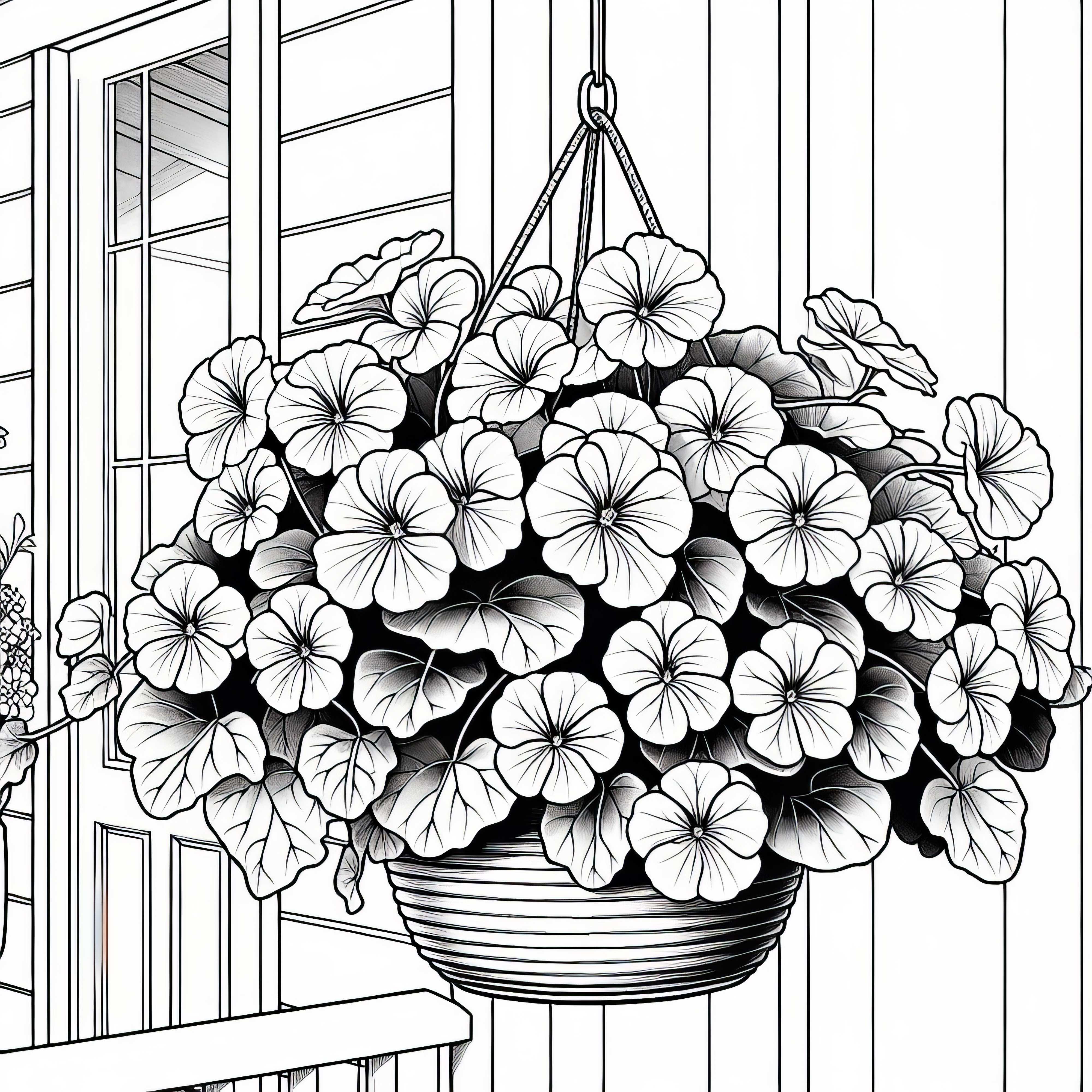 Настурция расте в висяща саксия на верандата - безплатна рисувателна форма Капуцинерка расте в висяща саксия на верандата – безплатна шаблон за оцветяване