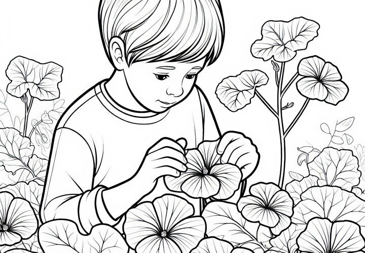 Дете внимателно откъсва листа от капуцинерка – безплатна рисунка за оцветяване