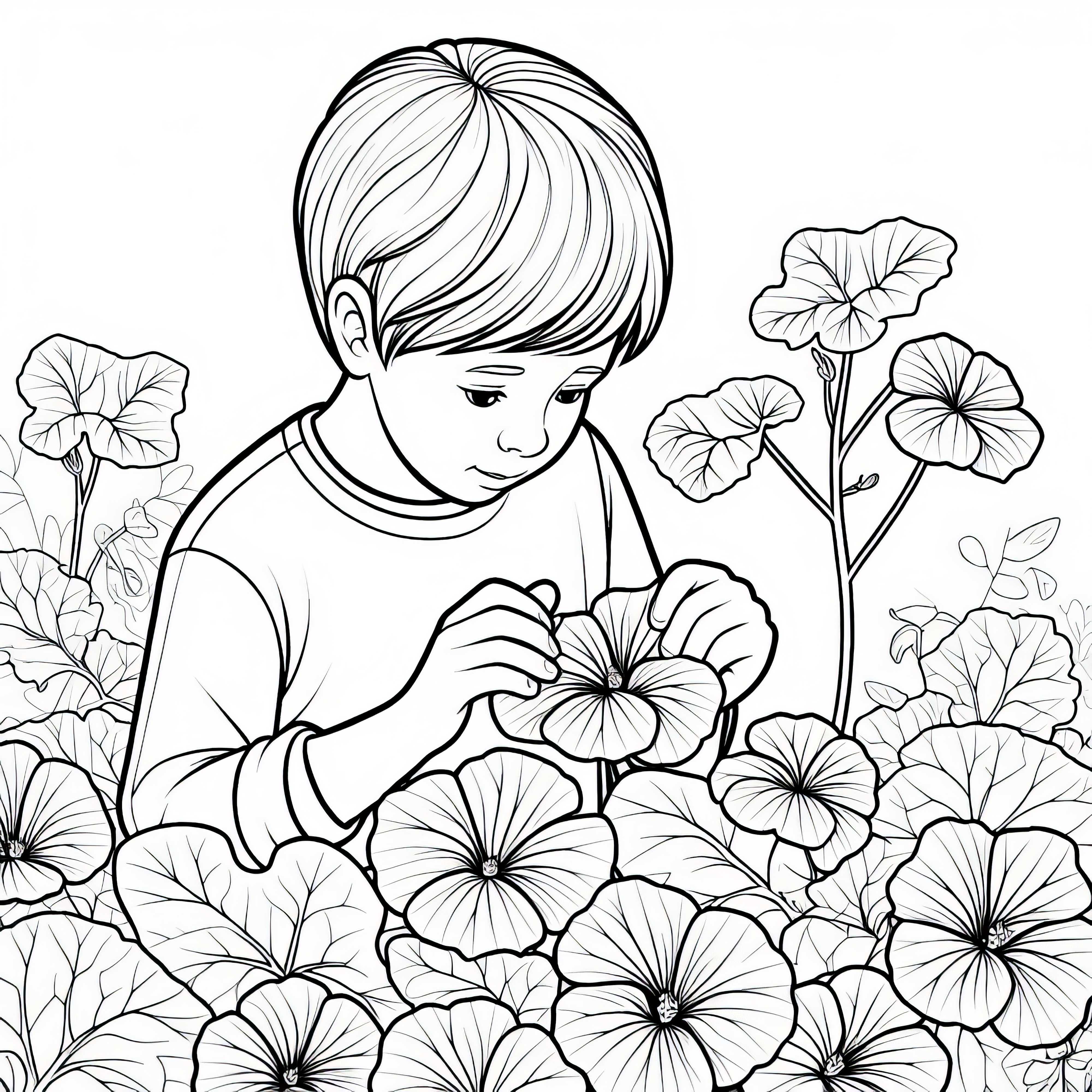 Дете внимателно откъсва листа на къпиновия цвят – Безплатна картинка за оцветяване Дете внимателно обира листа от капуцинерска креска – безплатна рисунка за оцветяване