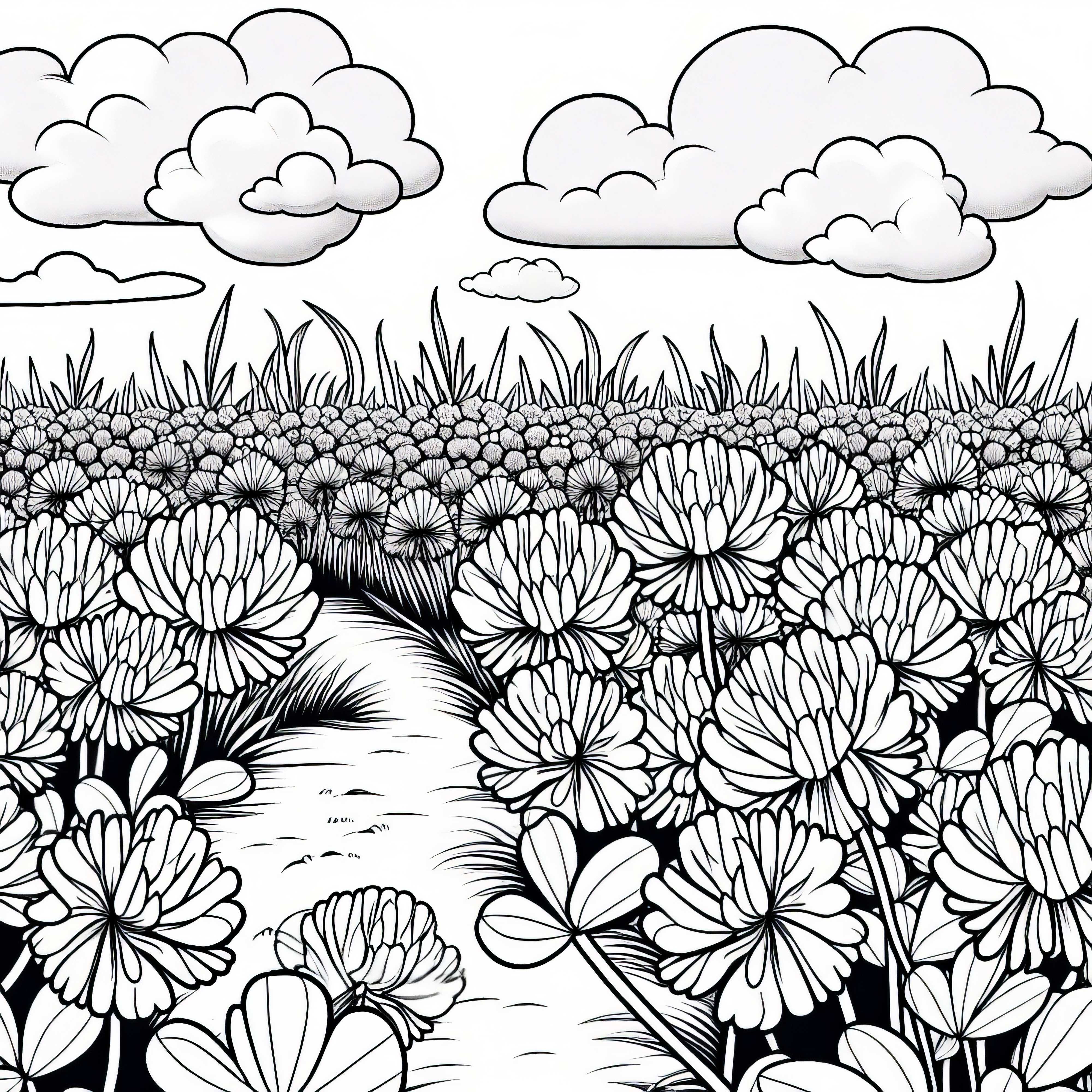 Клеверът расте гъсто покрай полевия път – безплатна рисунка за оцветяване Клейът расте гъсто по полската пътека - безплатна рисувателна основа