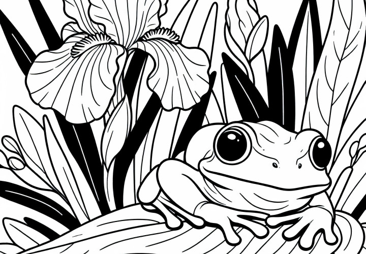 Жаба седи на лист близо до цветето ирис Оцветяваща страница безплатно